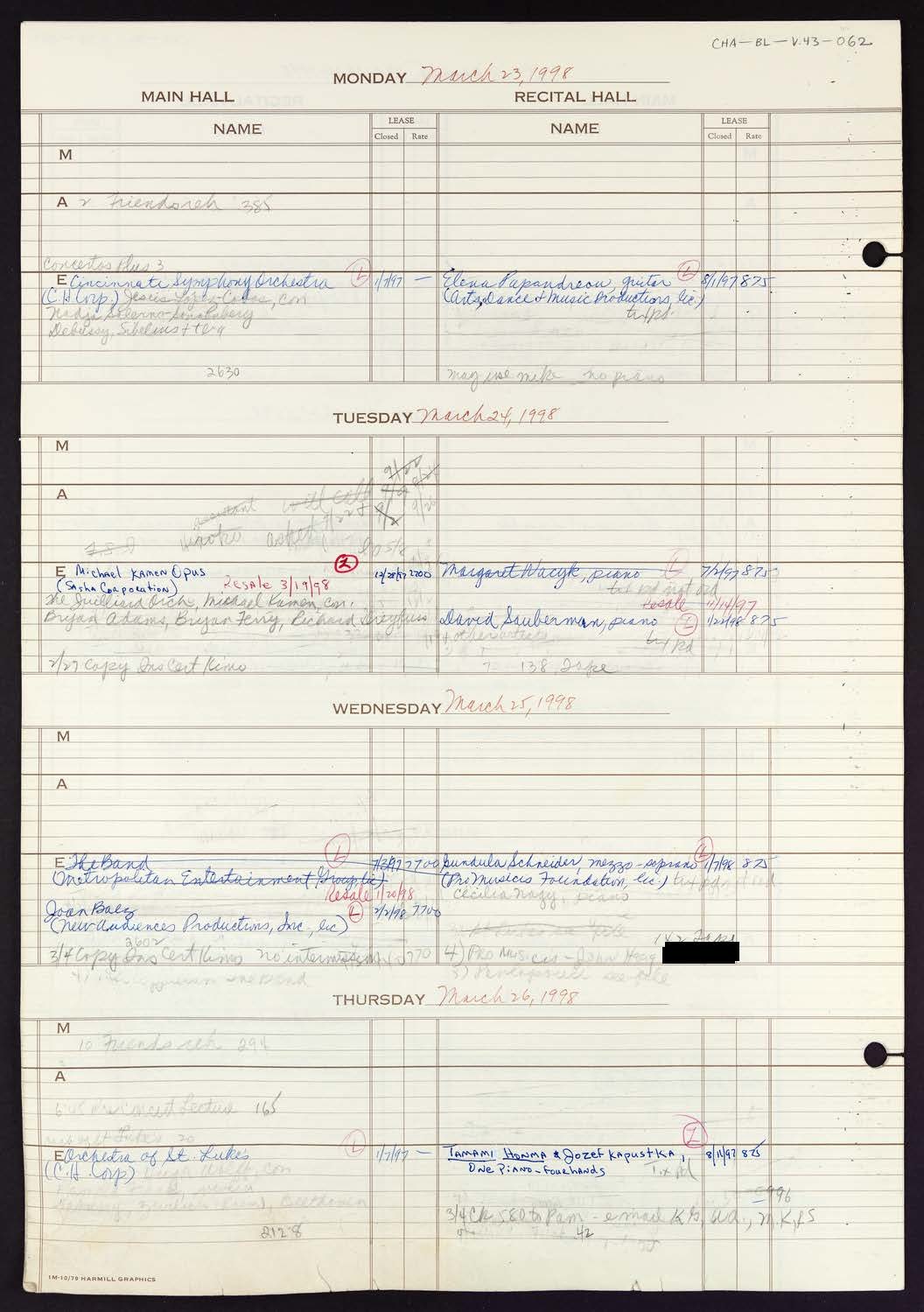 Carnegie Hall Booking Ledger, volume 43, page 62