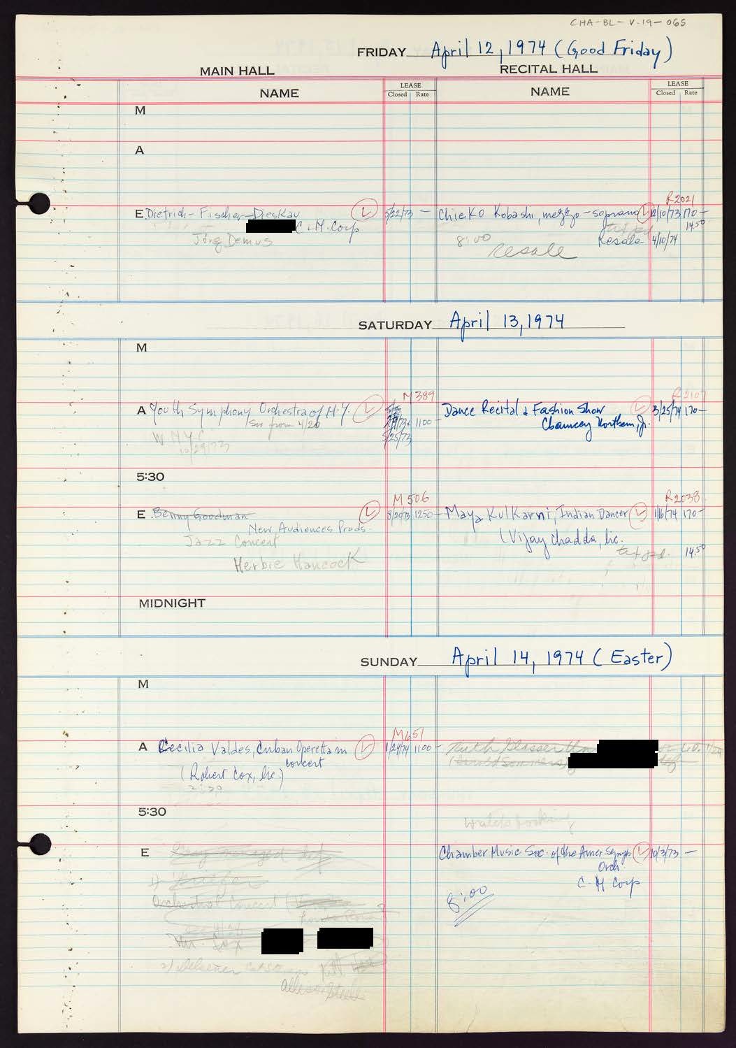 Carnegie Hall Booking Ledger, volume 19, page 65