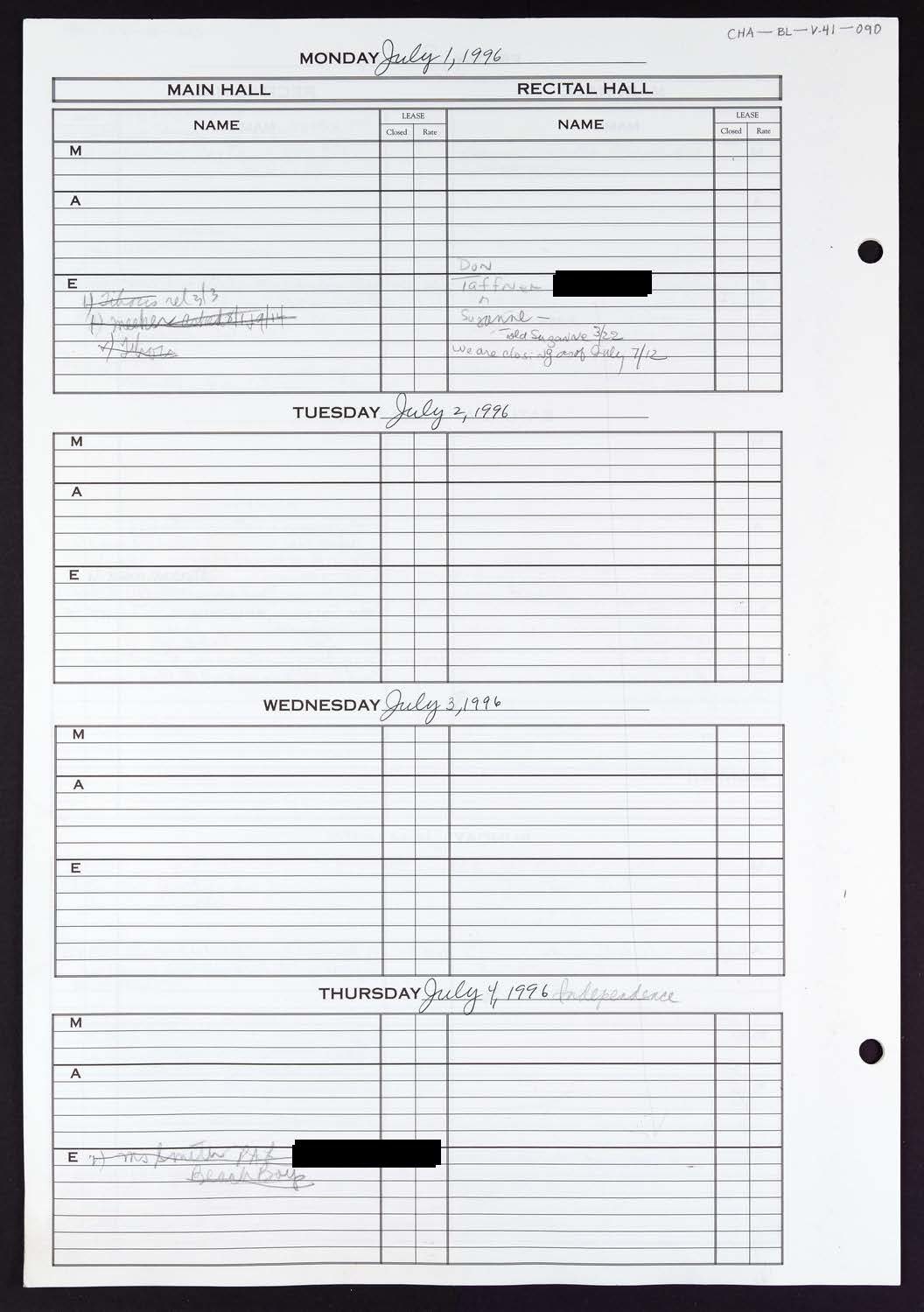 Carnegie Hall Booking Ledger, volume 41, page 90