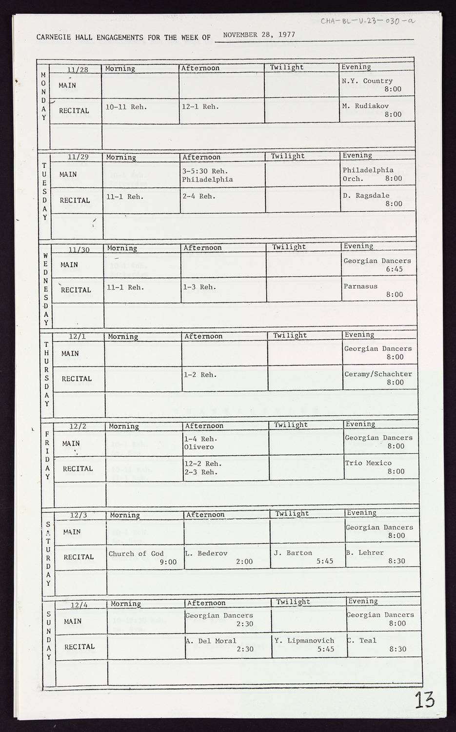 Carnegie Hall Booking Ledger, volume 23, page 30a