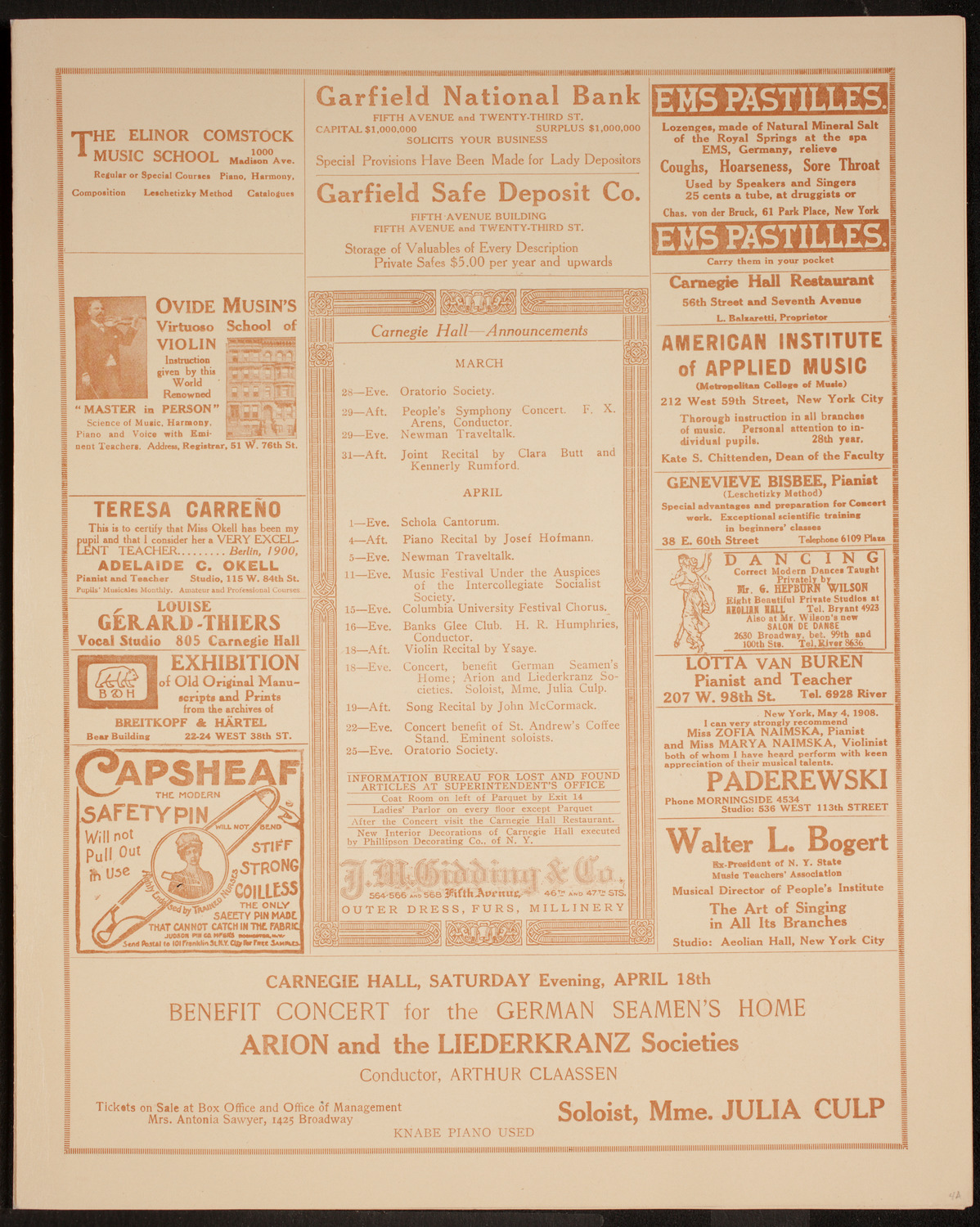 Ignacy Jan Paderewski, Piano, Frances Alda, Soprano, and Ernestine Schumann-Heink, Contralto, March 28, 1914, program page 3
