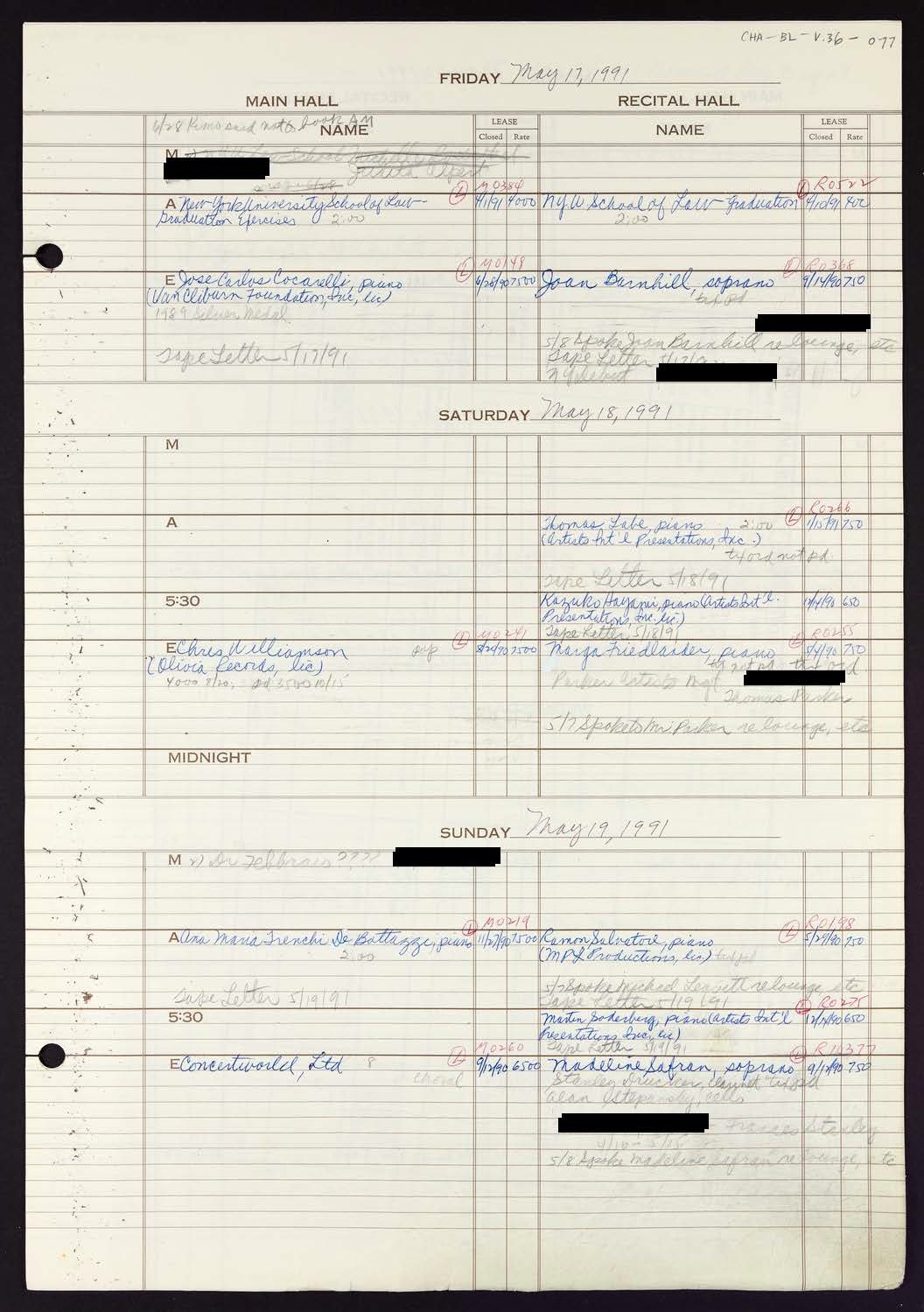 Carnegie Hall Booking Ledger, volume 36, page 77