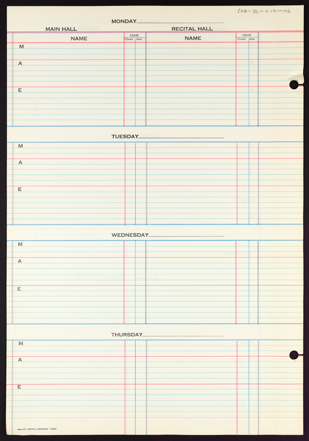 Carnegie Hall Booking Ledger, volume 19, page 102