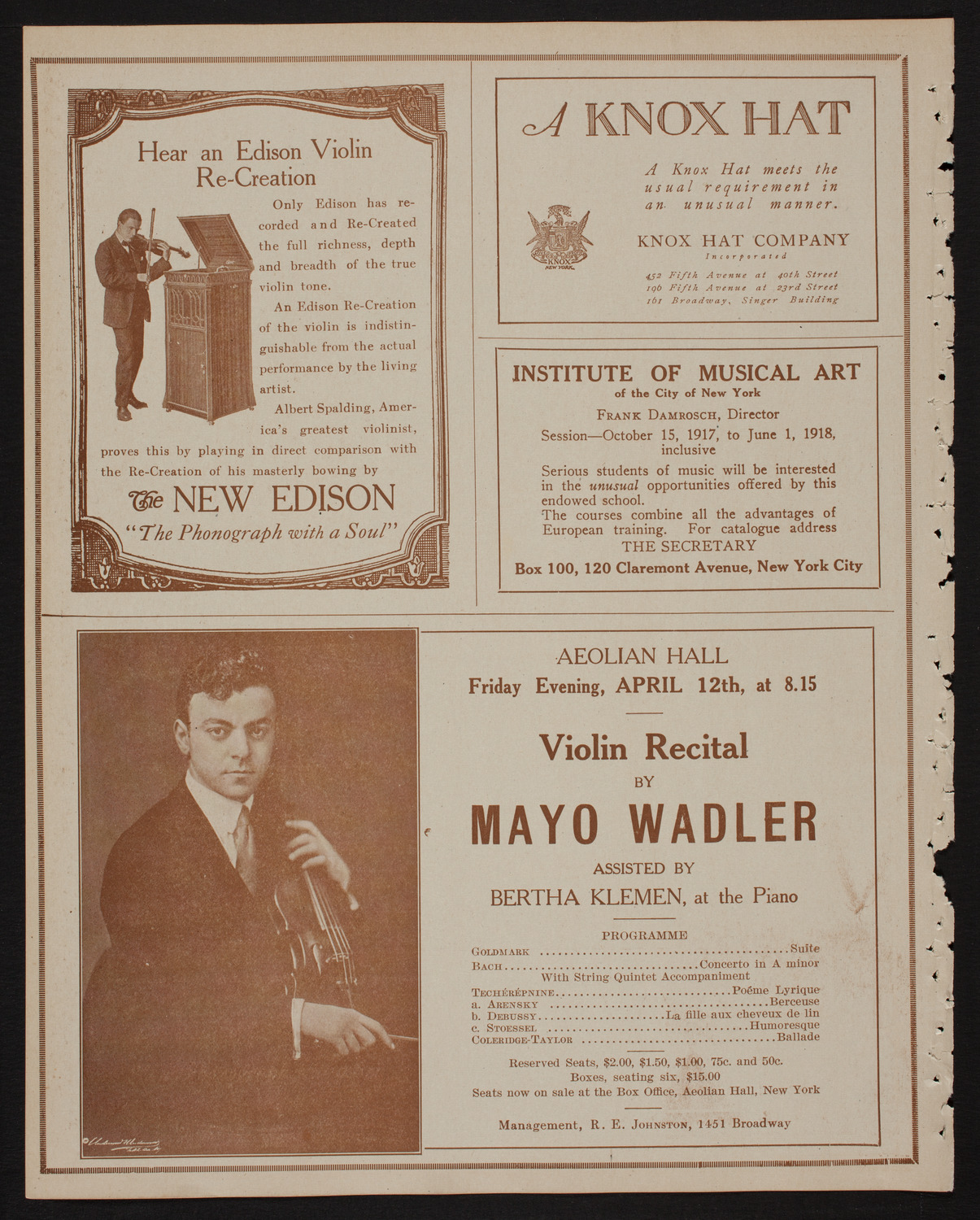 Jascha Heifetz, Violin, April 6, 1918, program page 2