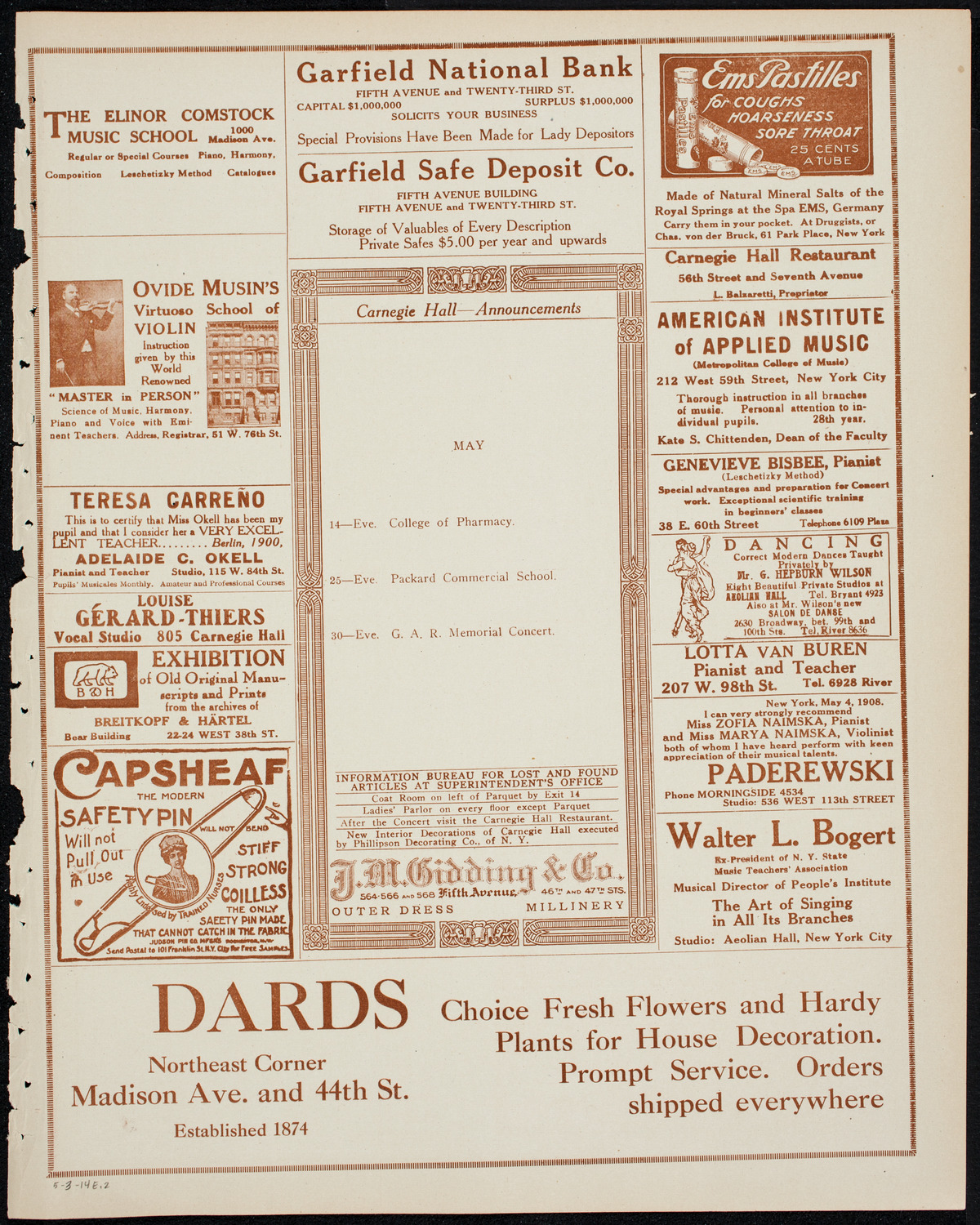 John McCormack, Tenor, May 3, 1914, program page 3