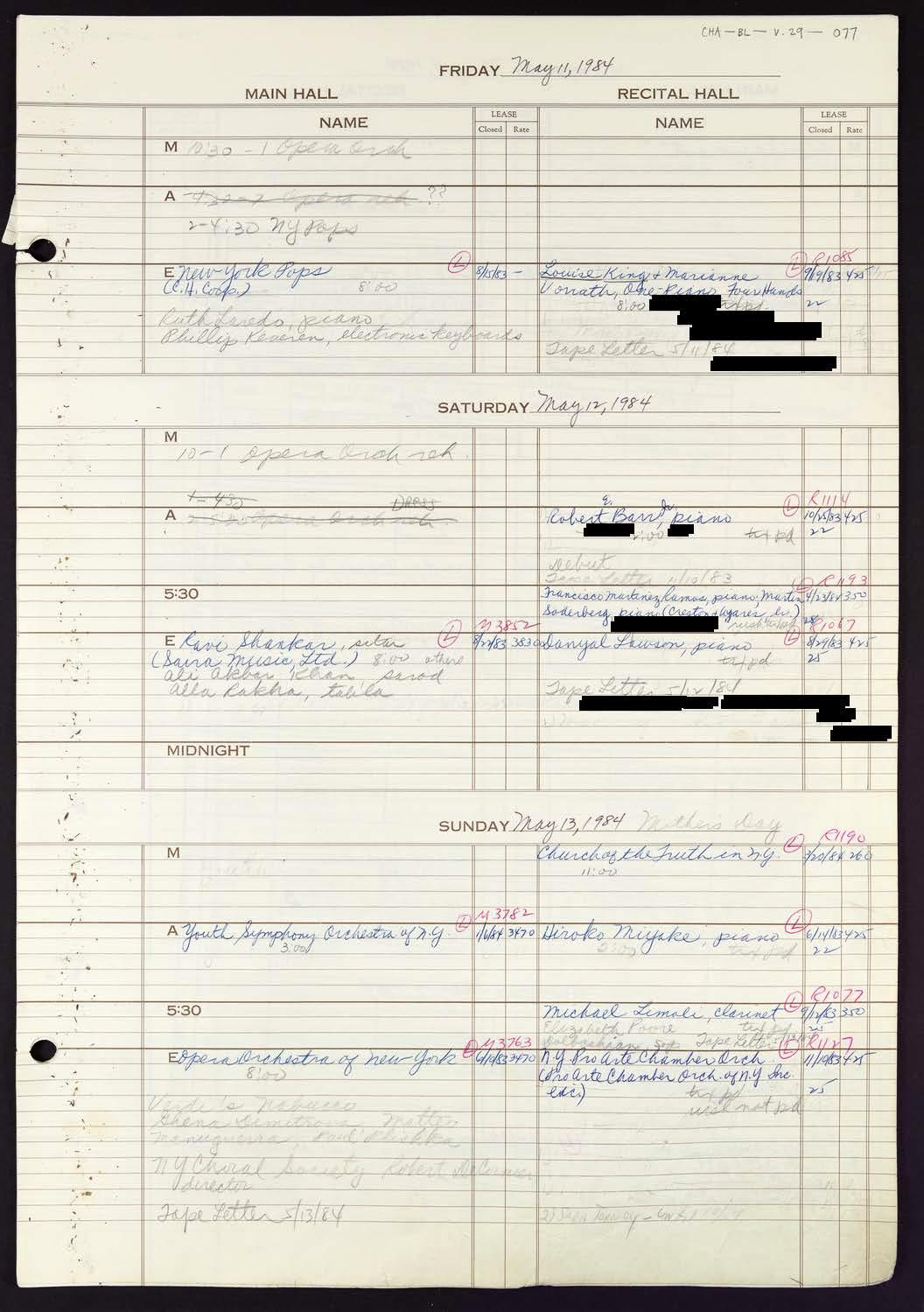 Carnegie Hall Booking Ledger, volume 29, page 77