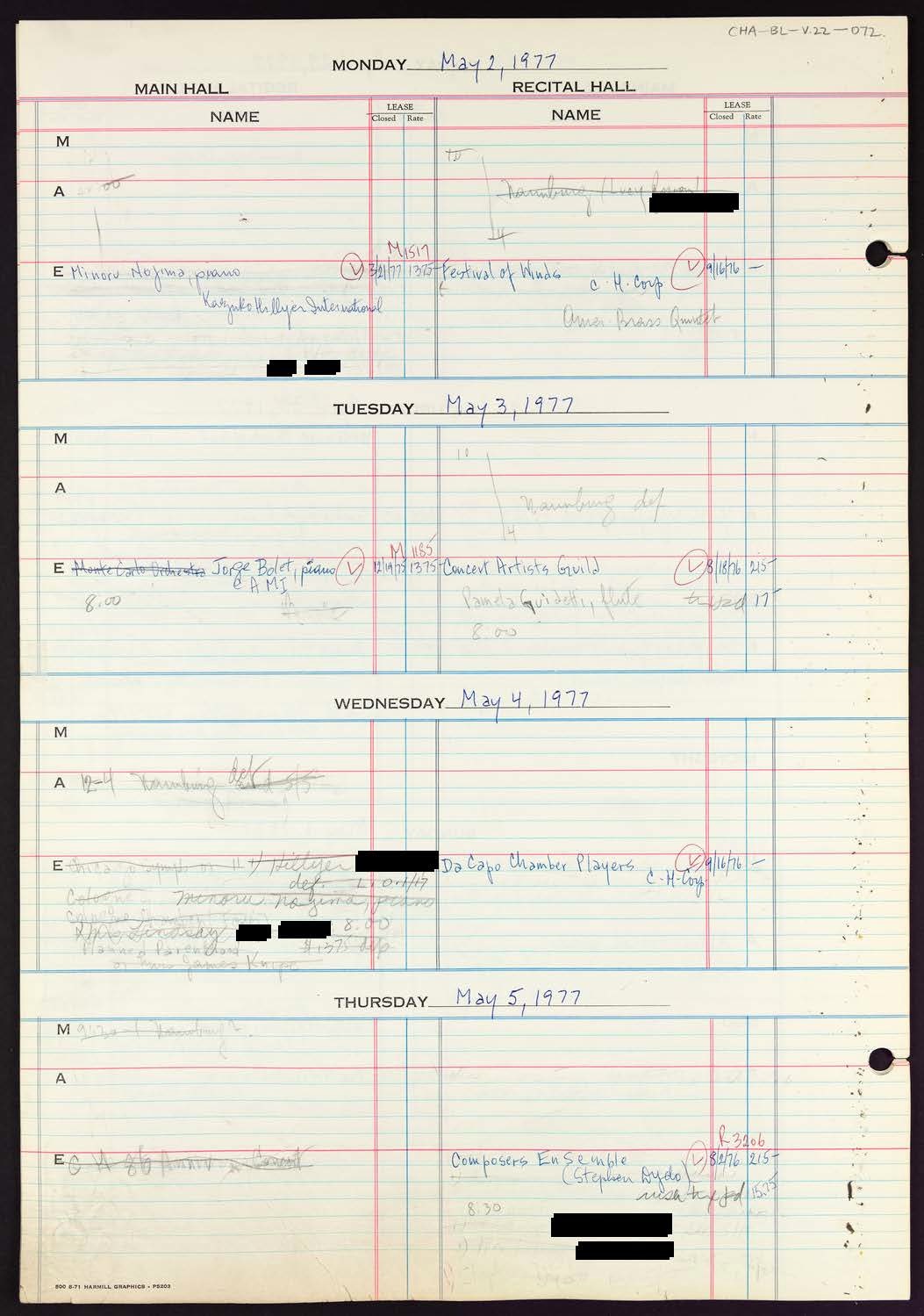 Carnegie Hall Booking Ledger, volume 22, page 72