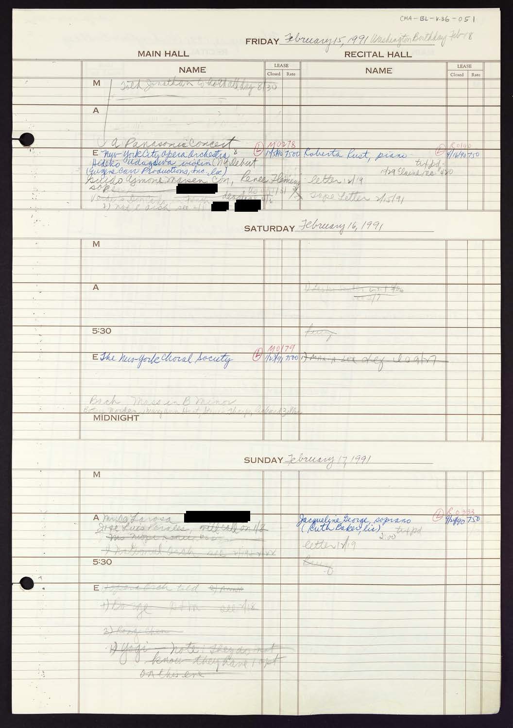 Carnegie Hall Booking Ledger, volume 36, page 51