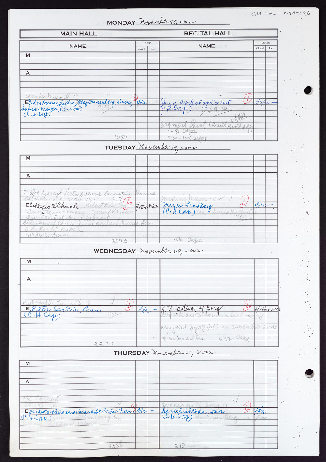 Carnegie Hall Booking Ledger, volume 48, page 26