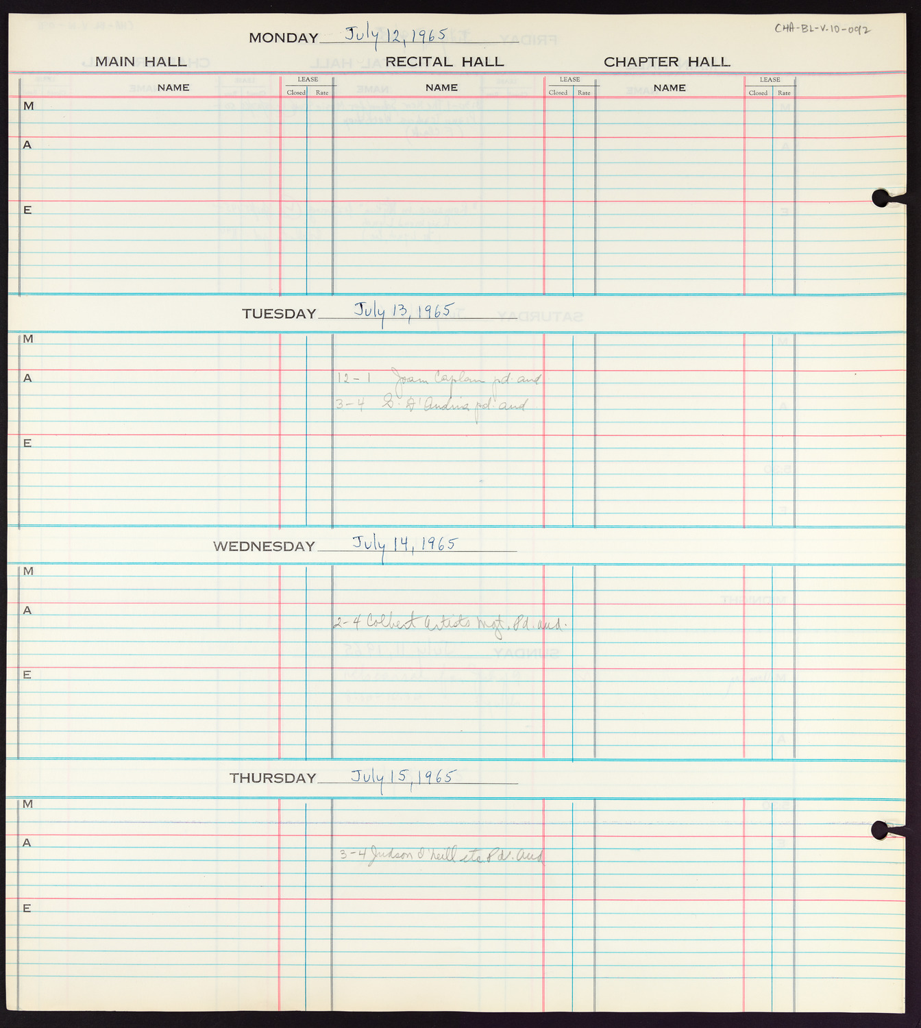 Carnegie Hall Booking Ledger, volume 10, page 92
