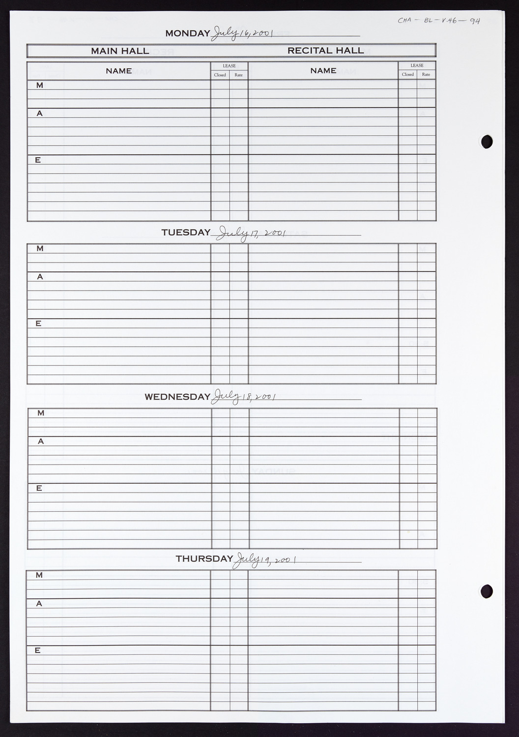 Carnegie Hall Booking Ledger, volume 46, page 94