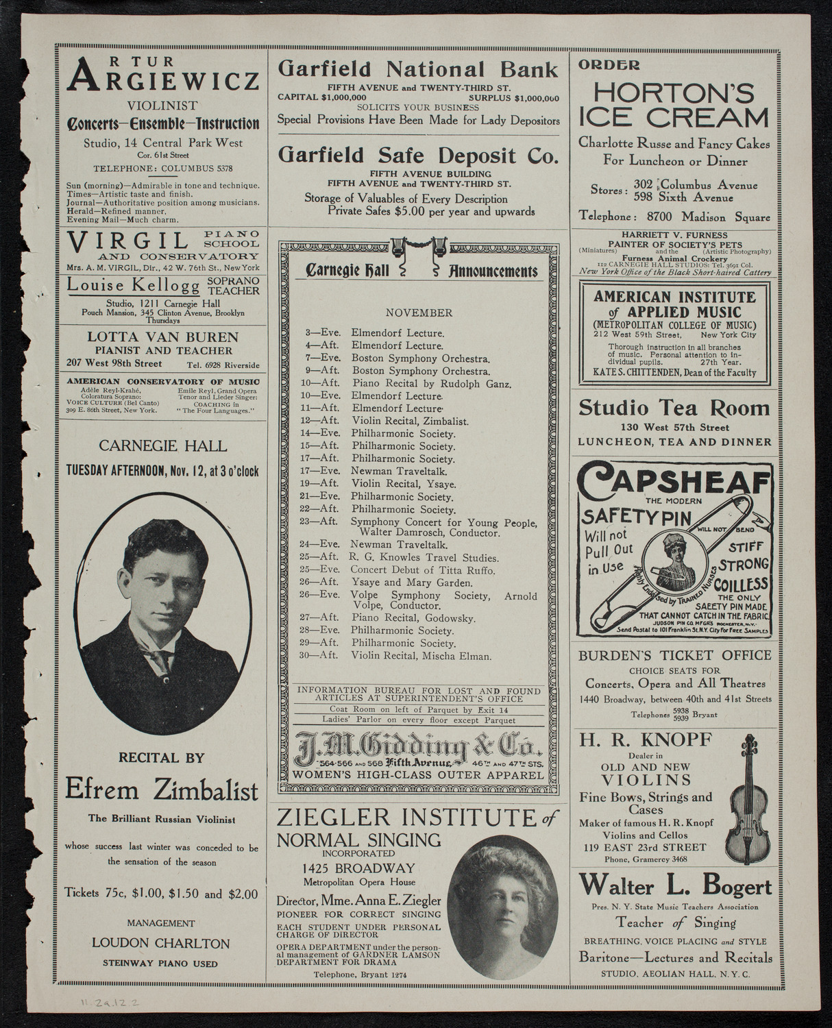 Alma Gluck, Soprano, November 2, 1912, program page 3