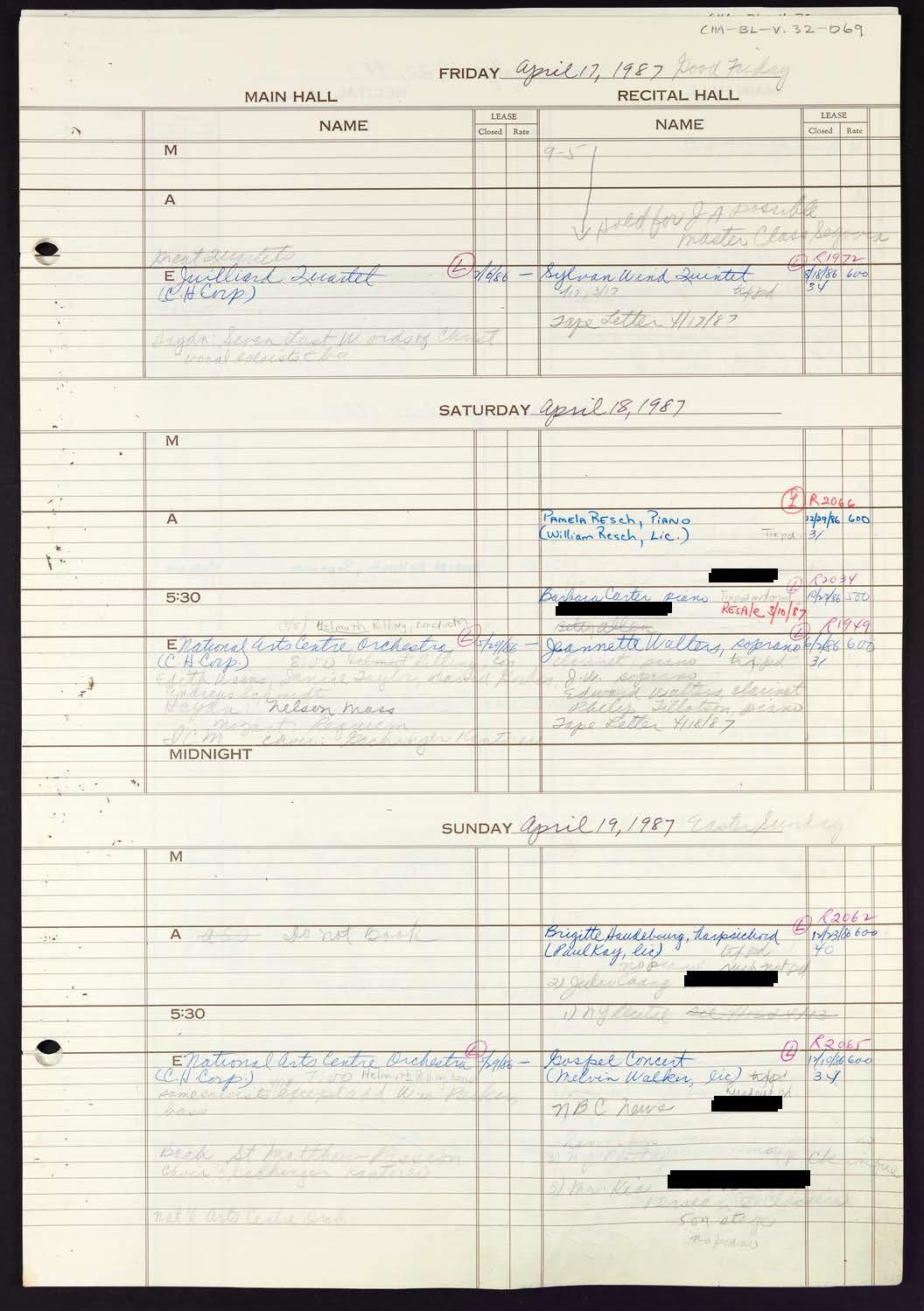 Carnegie Hall Booking Ledger, volume 32, page 69