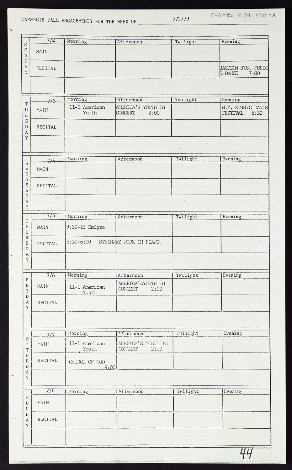 Carnegie Hall Booking Ledger, volume 24, page 90a