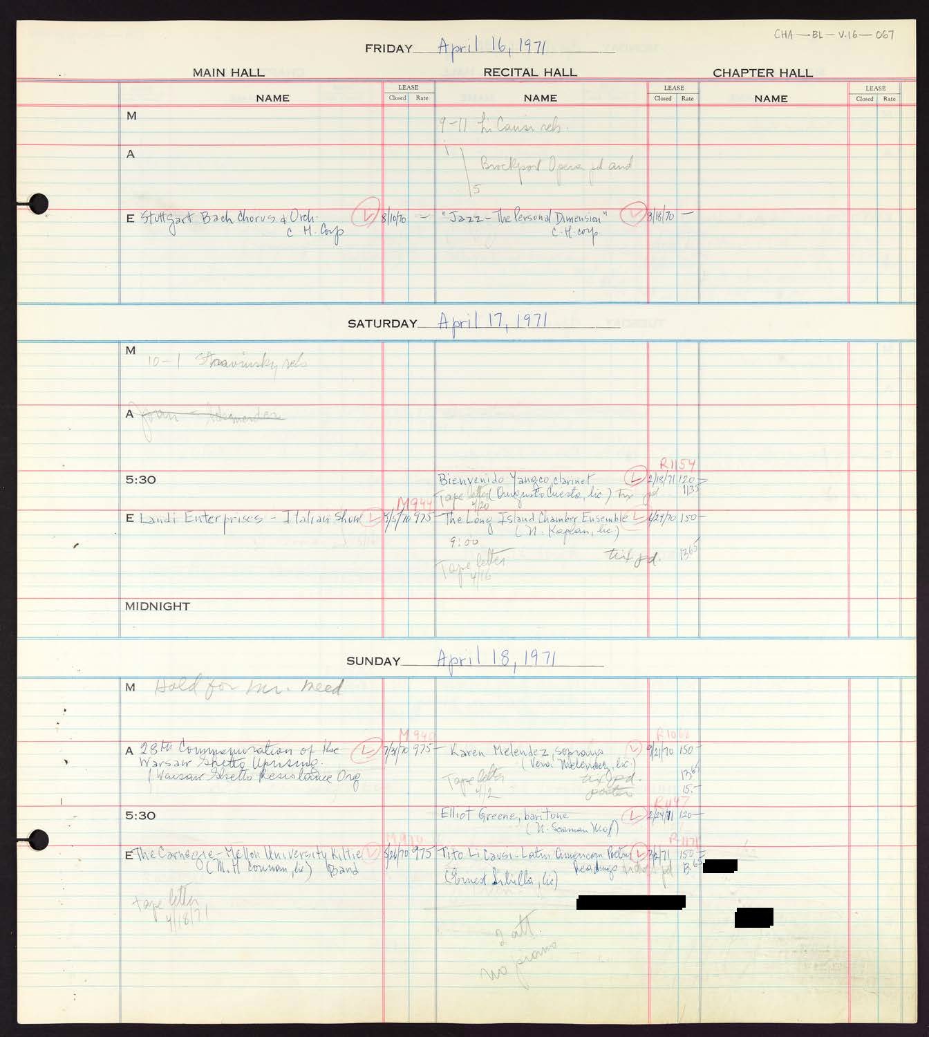 Carnegie Hall Booking Ledger, volume 16, page 67