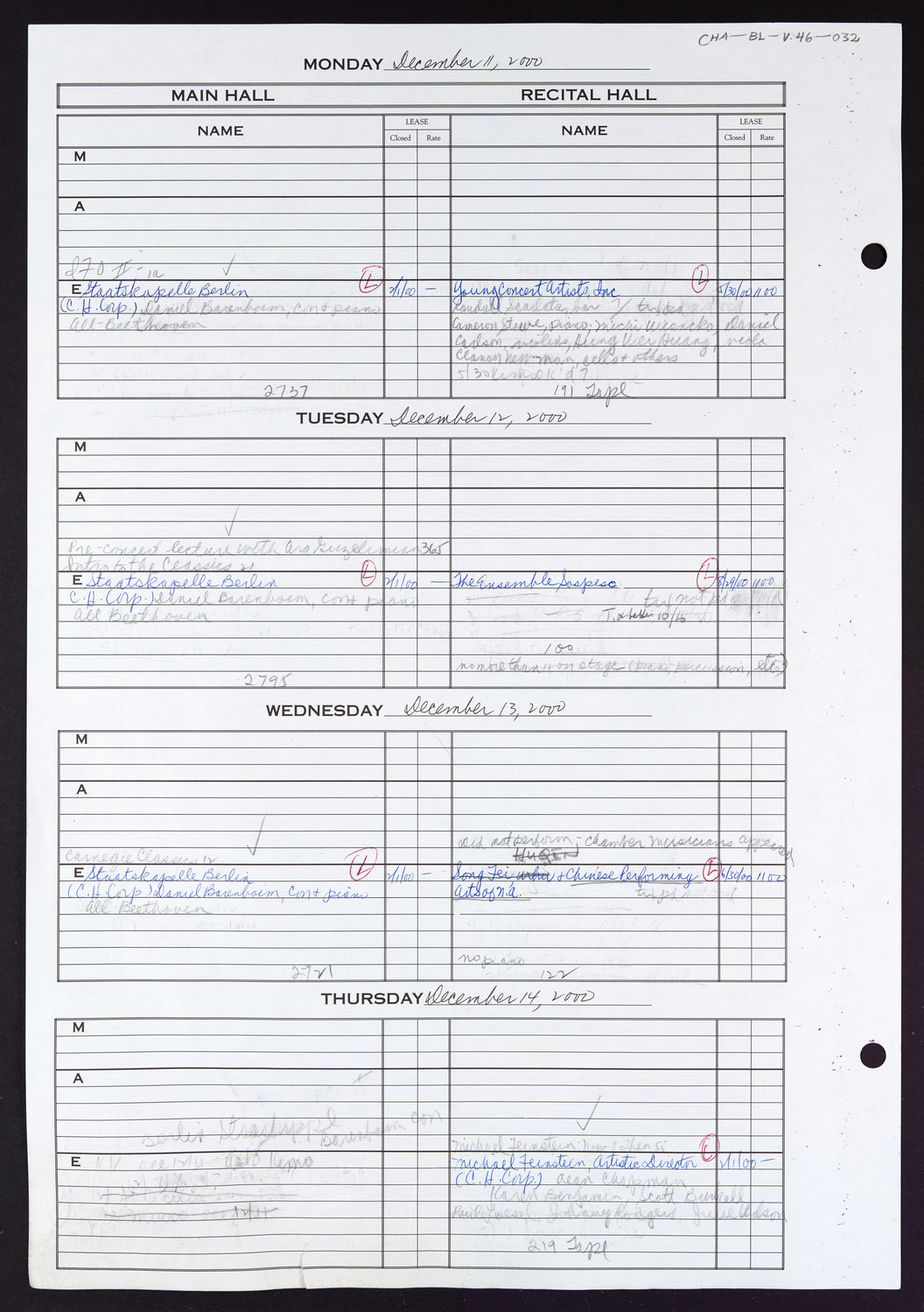 Carnegie Hall Booking Ledger, volume 46, page 32