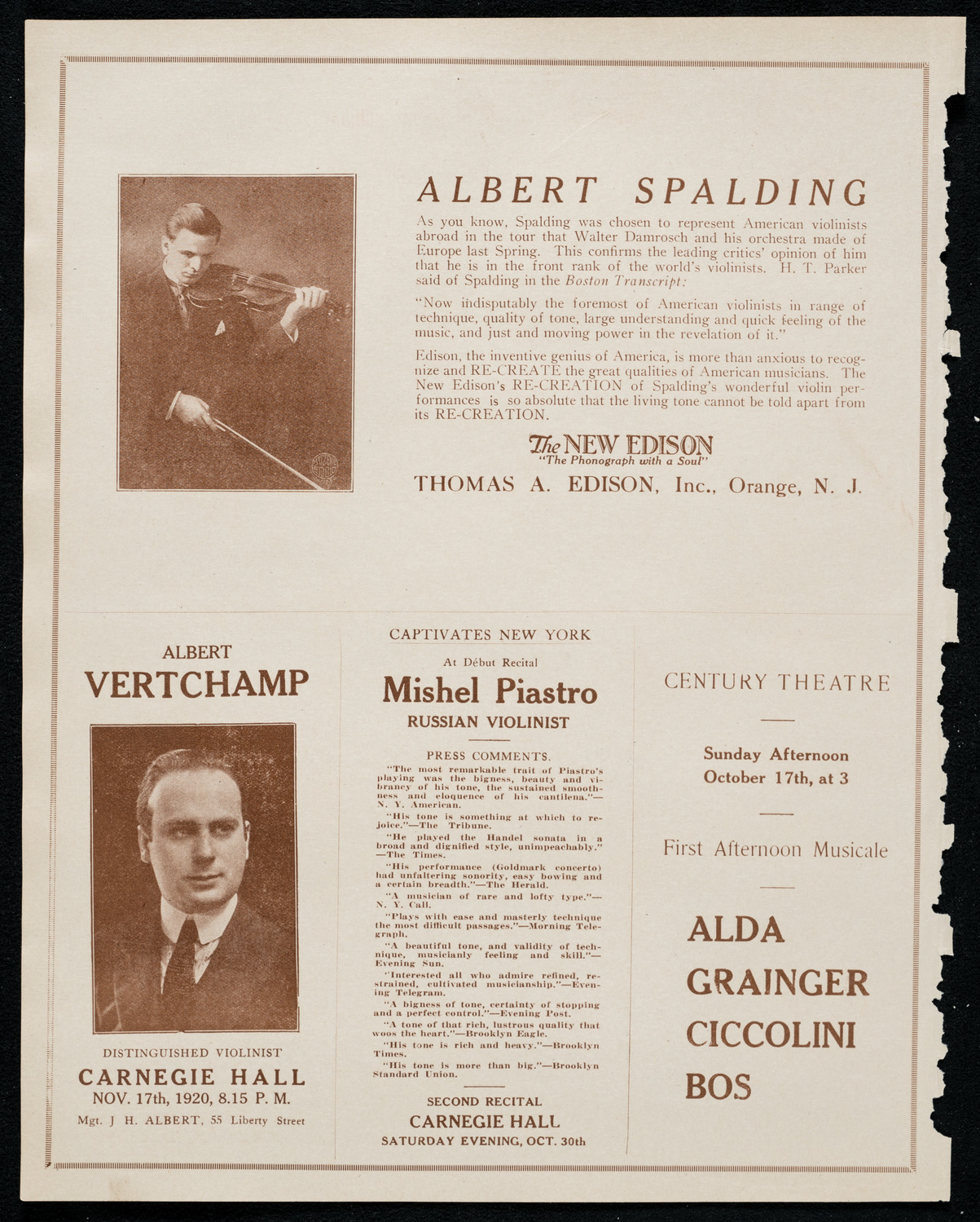Josef Stopak, Violin, October 16, 1920, program page 2