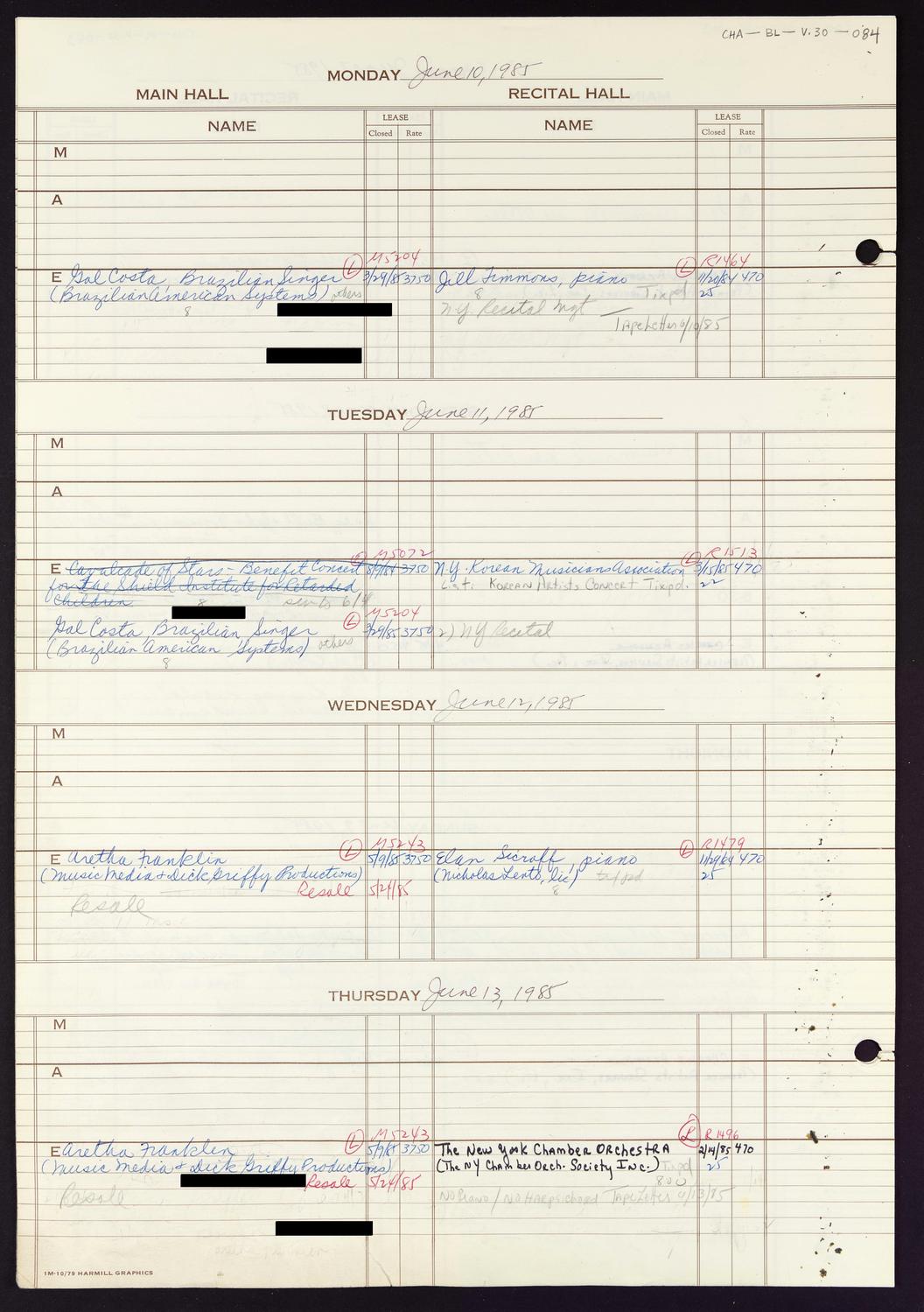 Carnegie Hall Booking Ledger, volume 30, page 84