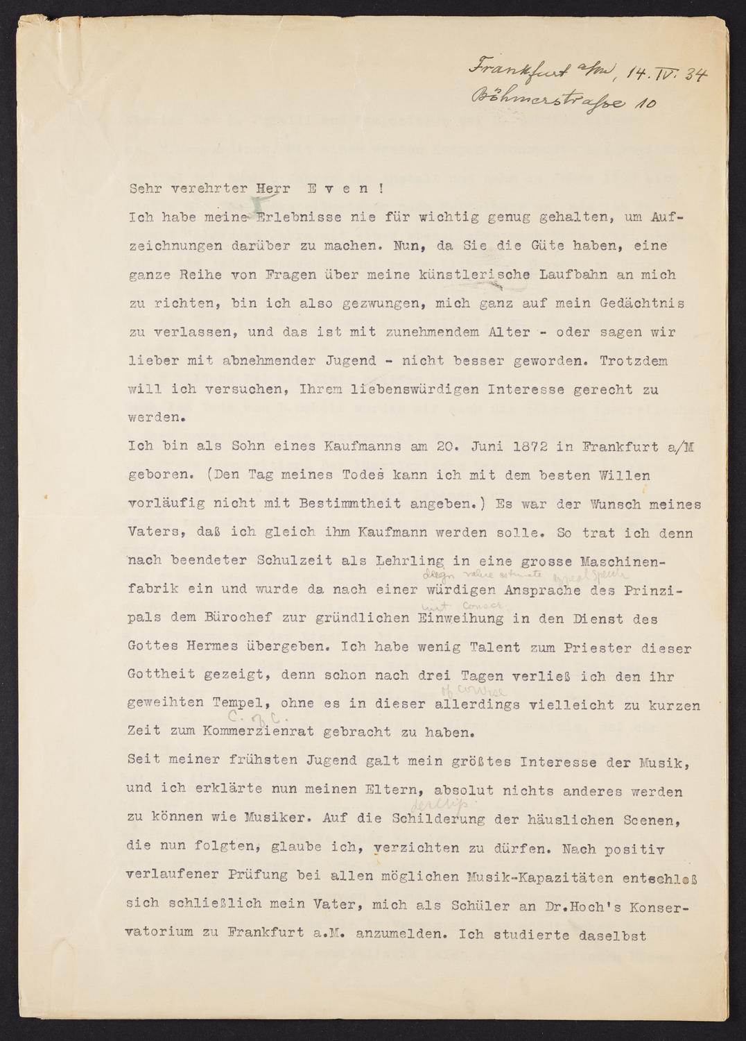 Correspondence from Bernhard Sekles to David Ewen, page 1 of 4