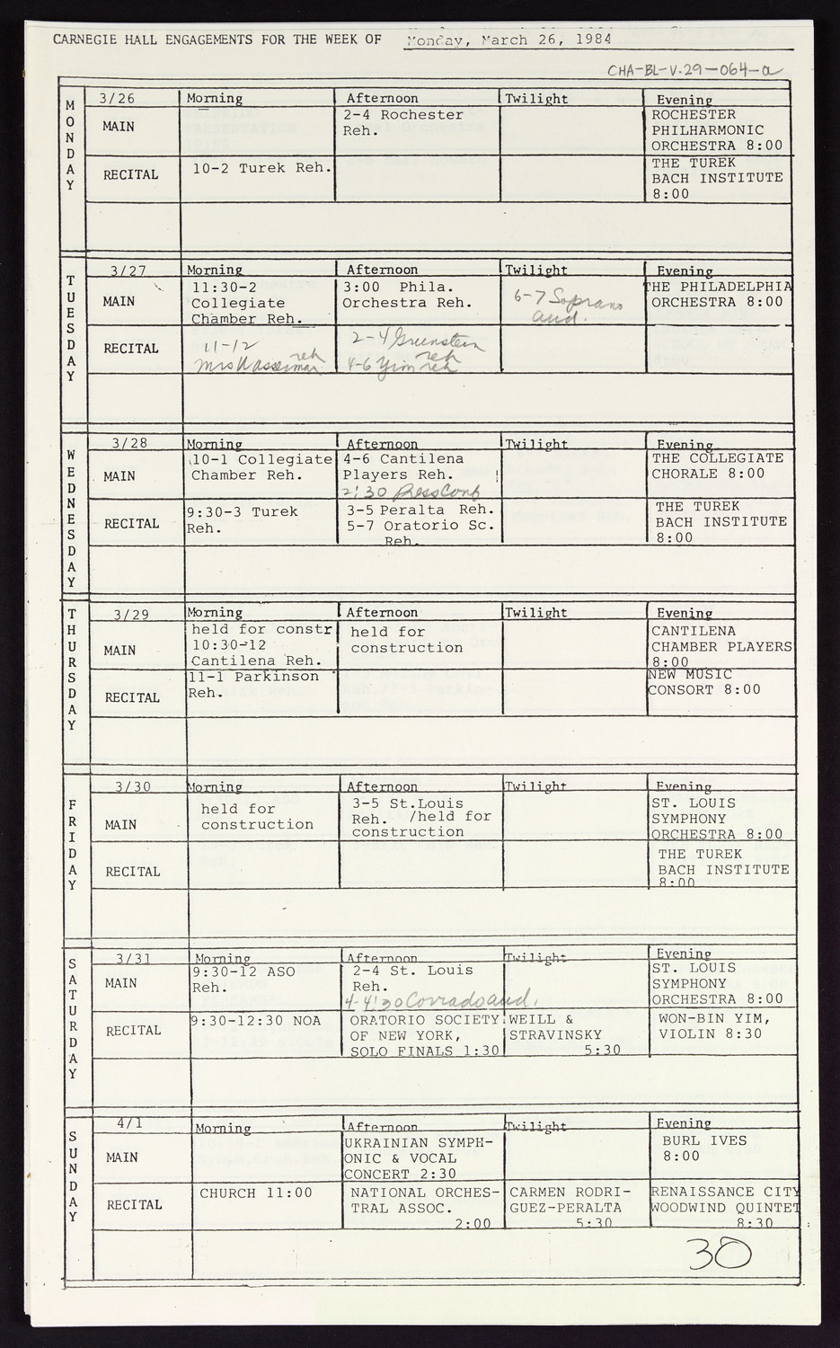 Carnegie Hall Booking Ledger, volume 29, page 64a