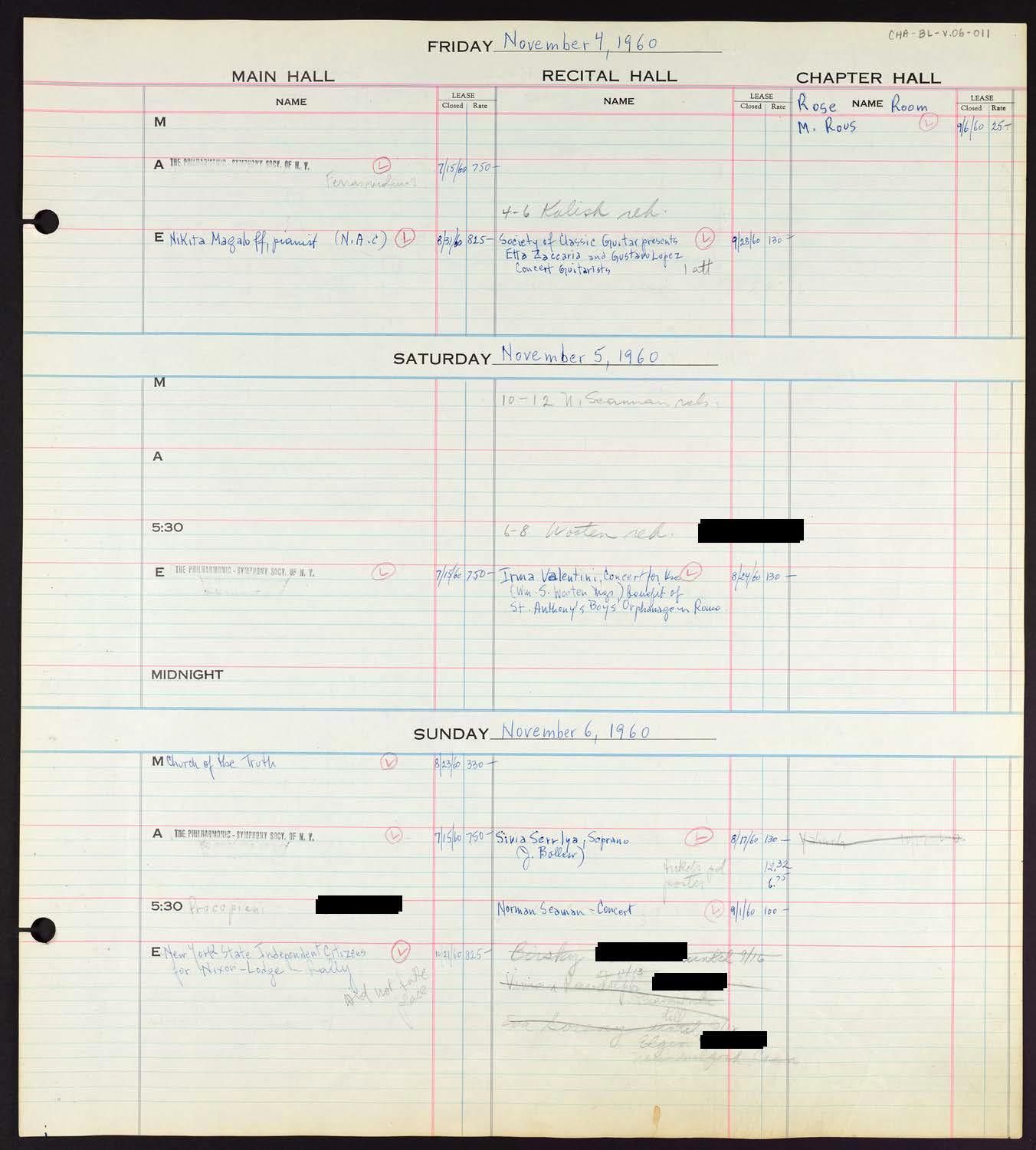 Carnegie Hall Booking Ledger, volume 6, page 11