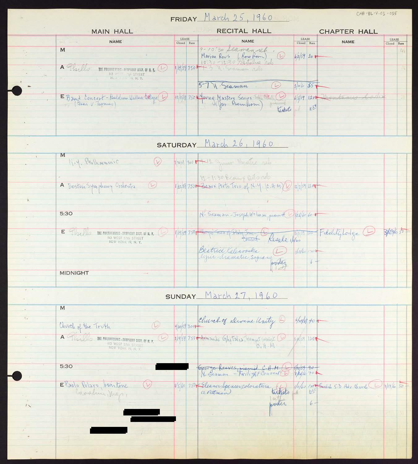 Carnegie Hall Booking Ledger, volume 5, page 55