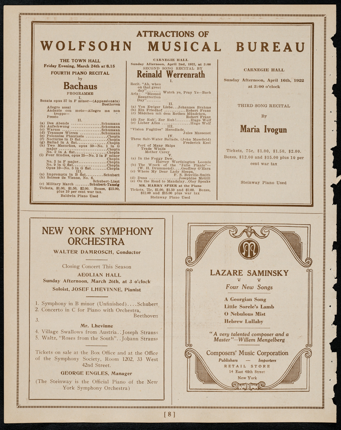 Frieda Hempel, Soprano, March 21, 1922, program page 8