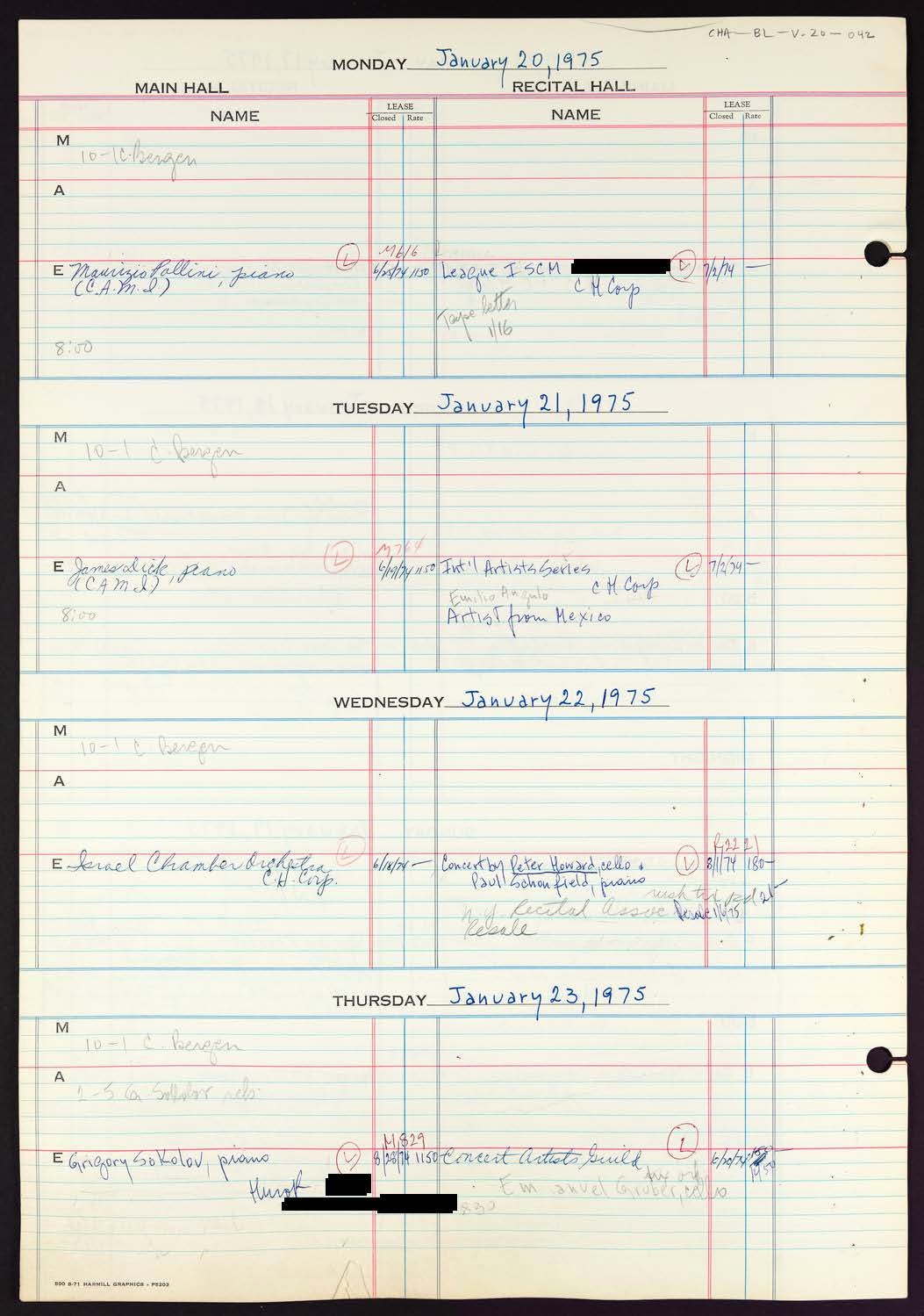 Carnegie Hall Booking Ledger, volume 20, page 42