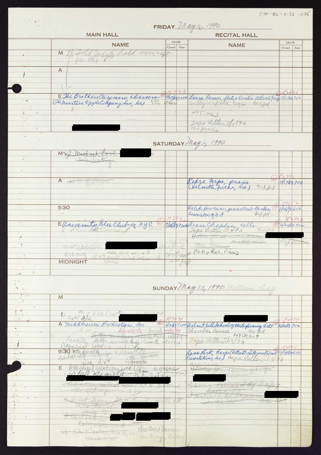 Carnegie Hall Booking Ledger, volume 35, page 75