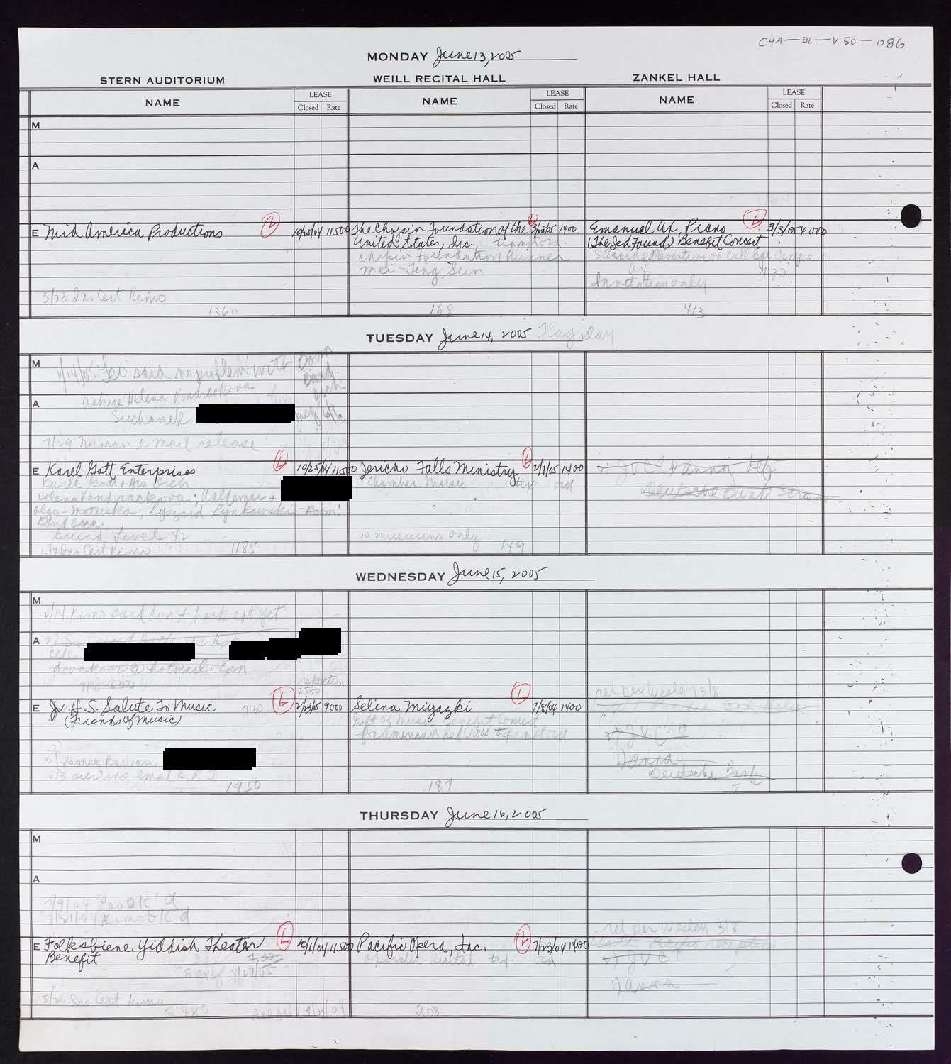 Carnegie Hall Booking Ledger, volume 50, page 86