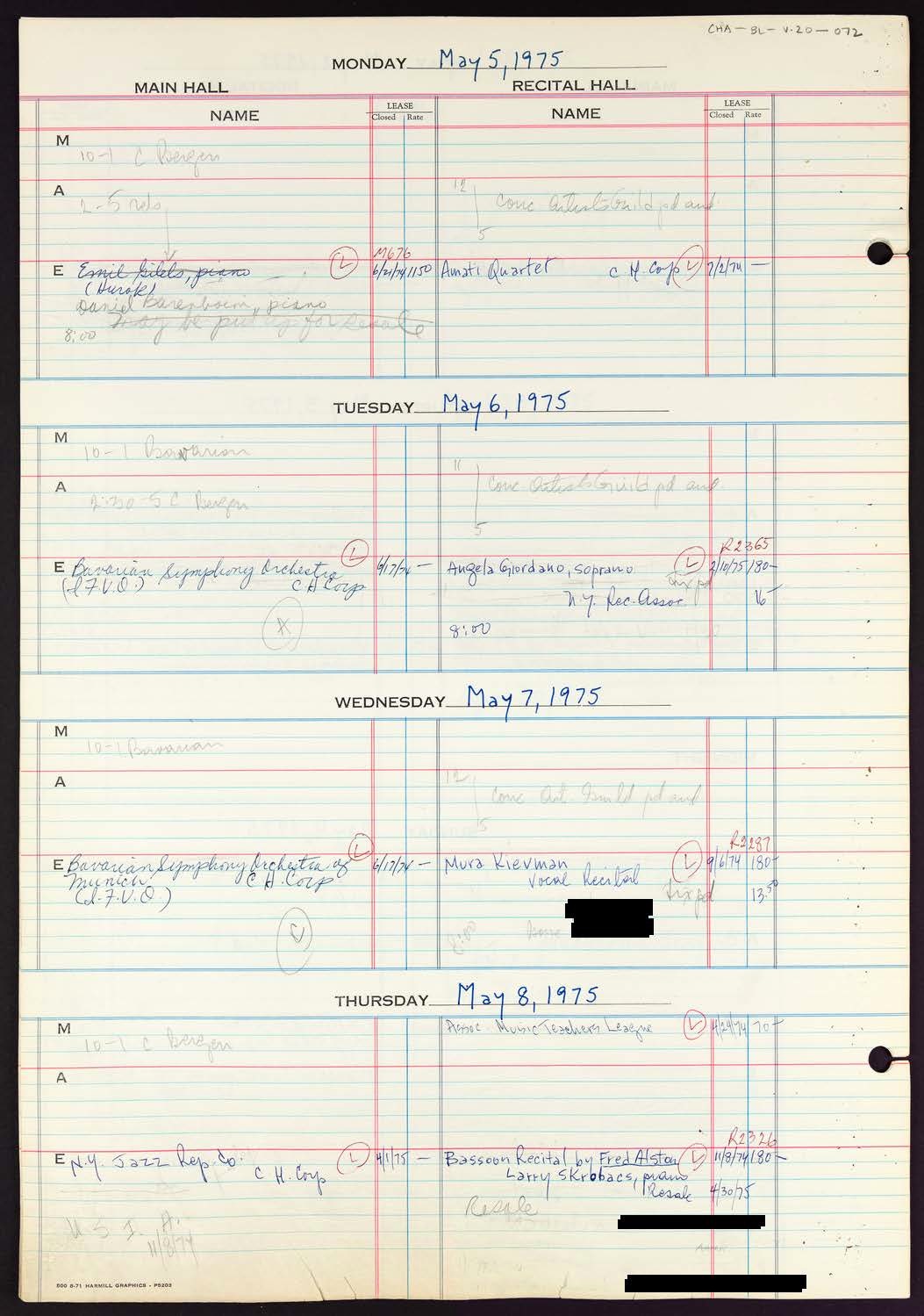 Carnegie Hall Booking Ledger, volume 20, page 72