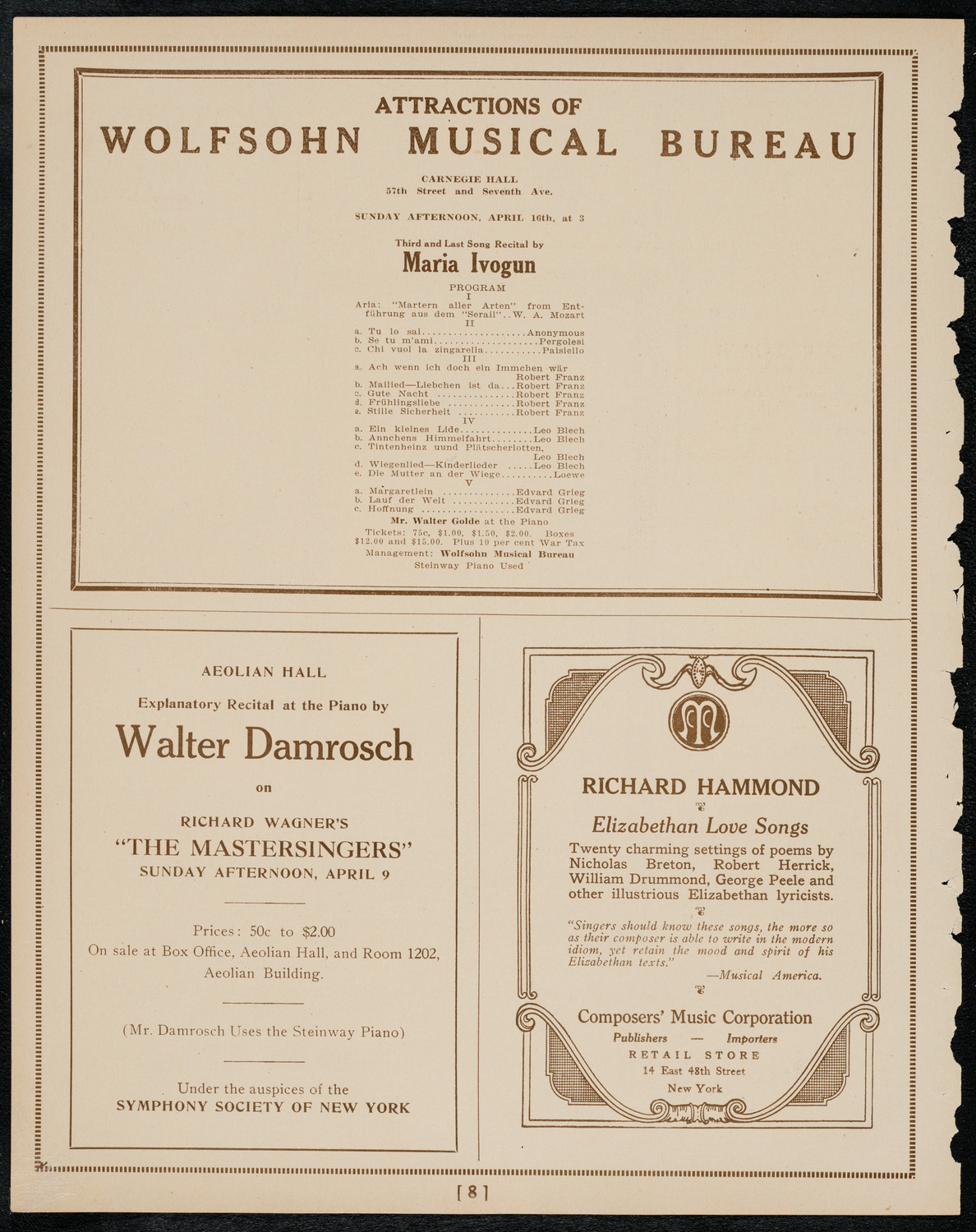 Sergei Rachmaninoff, Piano with the New York Symphony Orchestra, April 2, 1922, program page 8