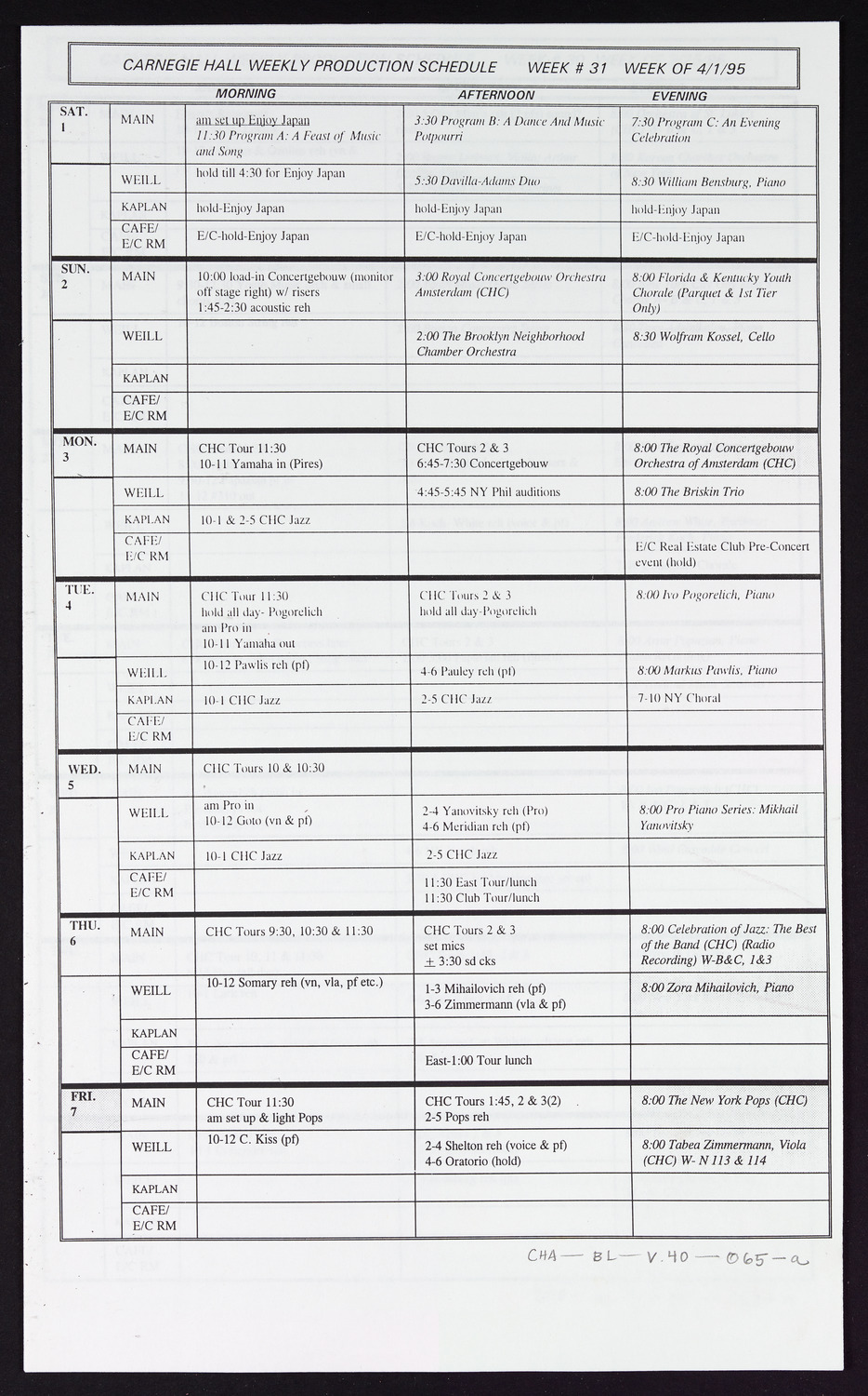 Carnegie Hall Booking Ledger, volume 40, page 65a