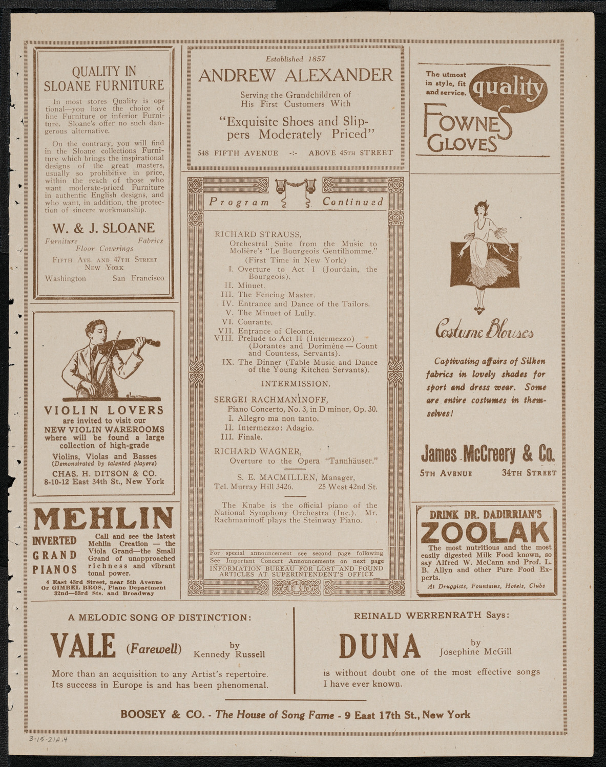 National Symphony Orchestra, March 15, 1921, program page 7