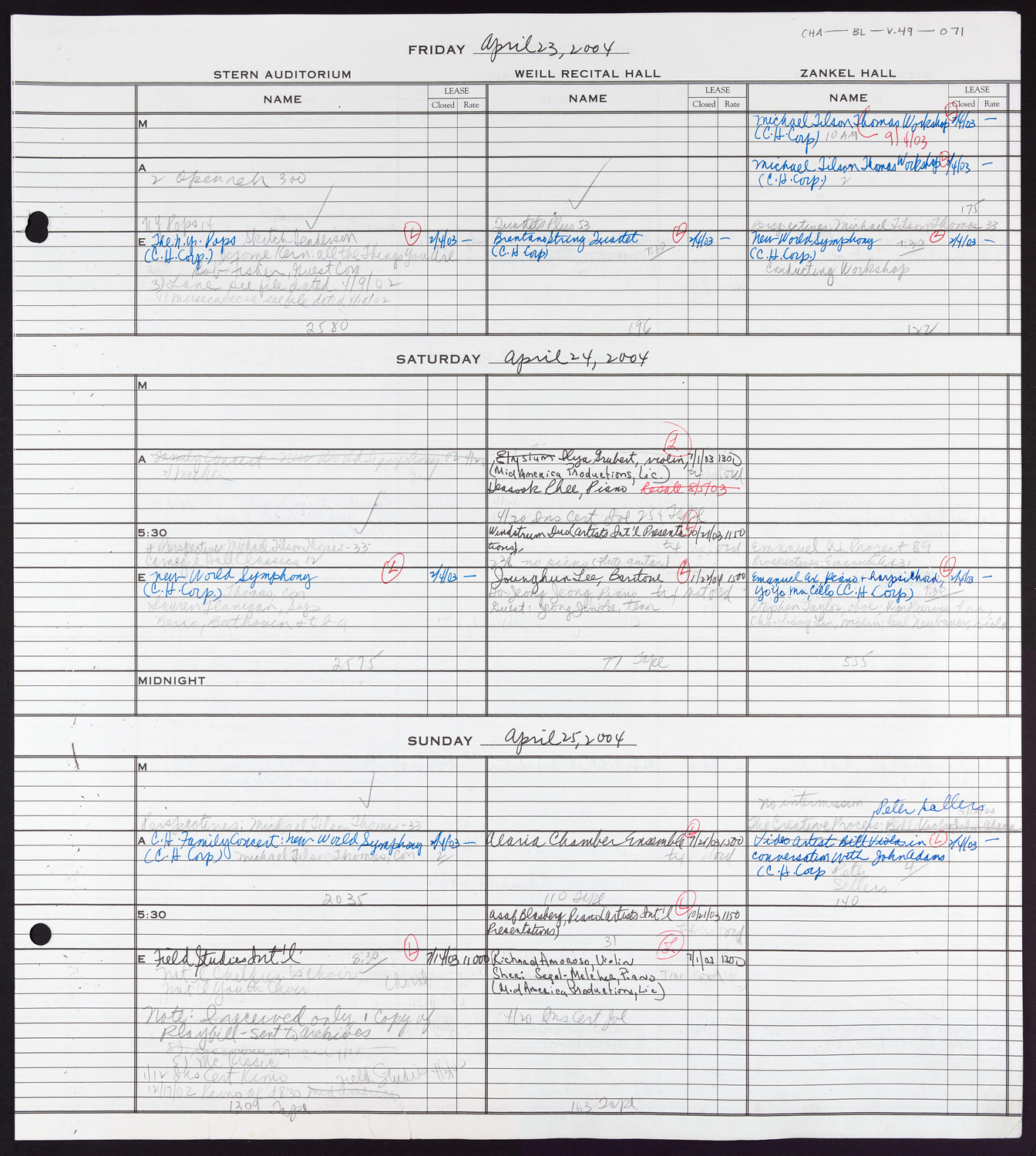 Carnegie Hall Booking Ledger, volume 49, page 71