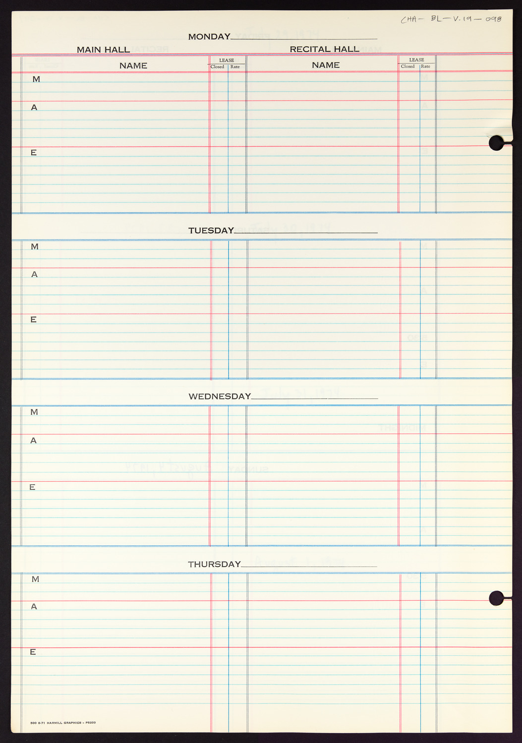 Carnegie Hall Booking Ledger, volume 19, page 98