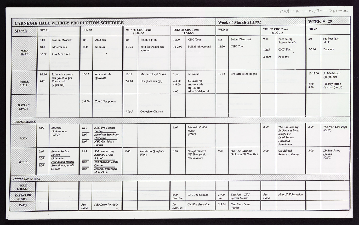 Carnegie Hall Booking Ledger, volume 37, page 61a