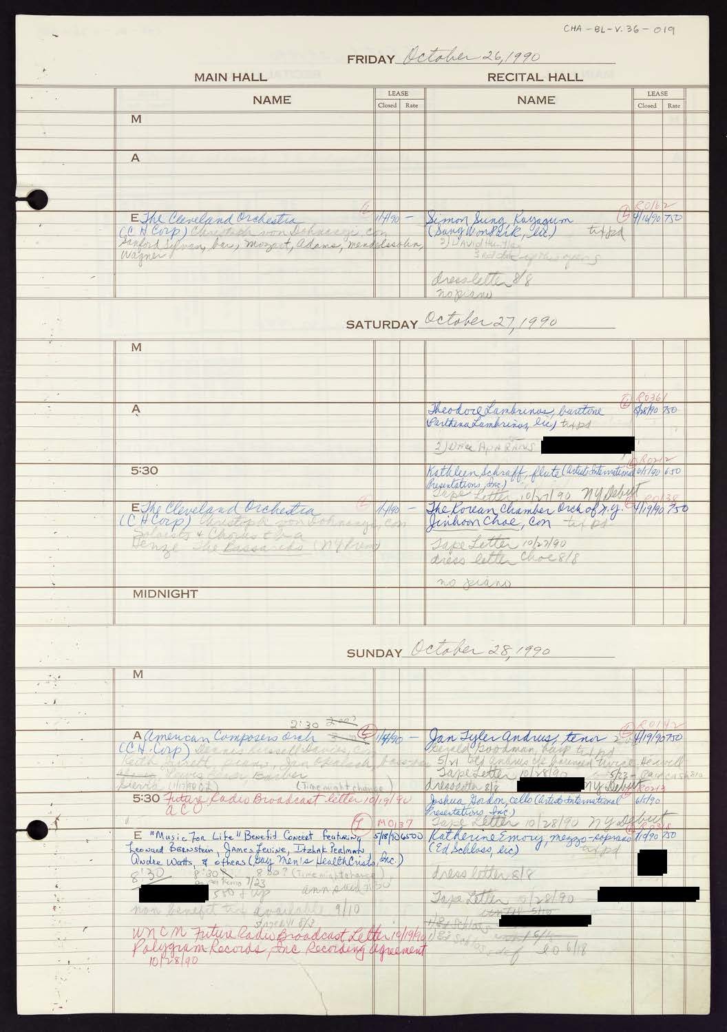 Carnegie Hall Booking Ledger, volume 36, page 19