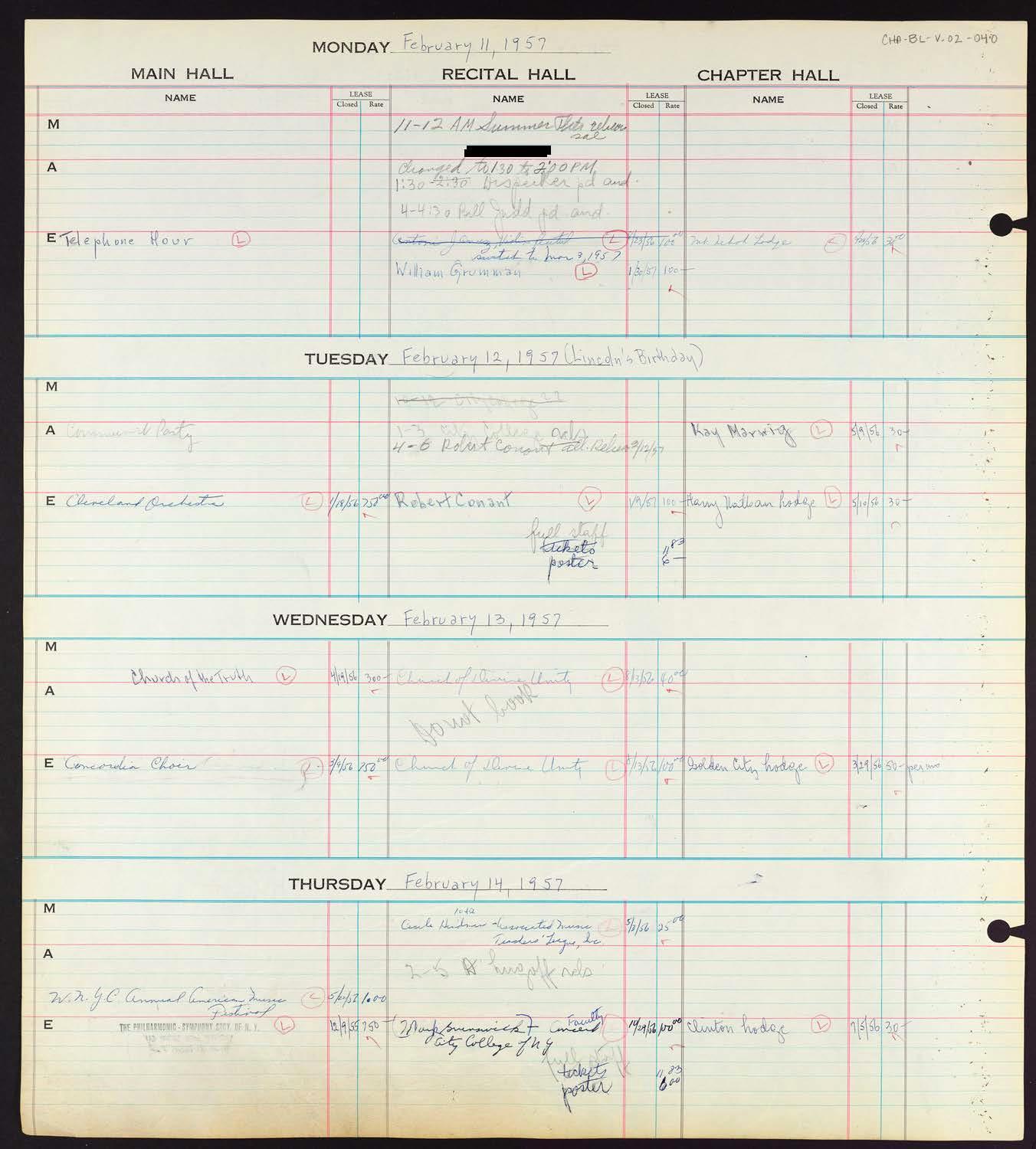 Carnegie Hall Booking Ledger, volume 2, page 40