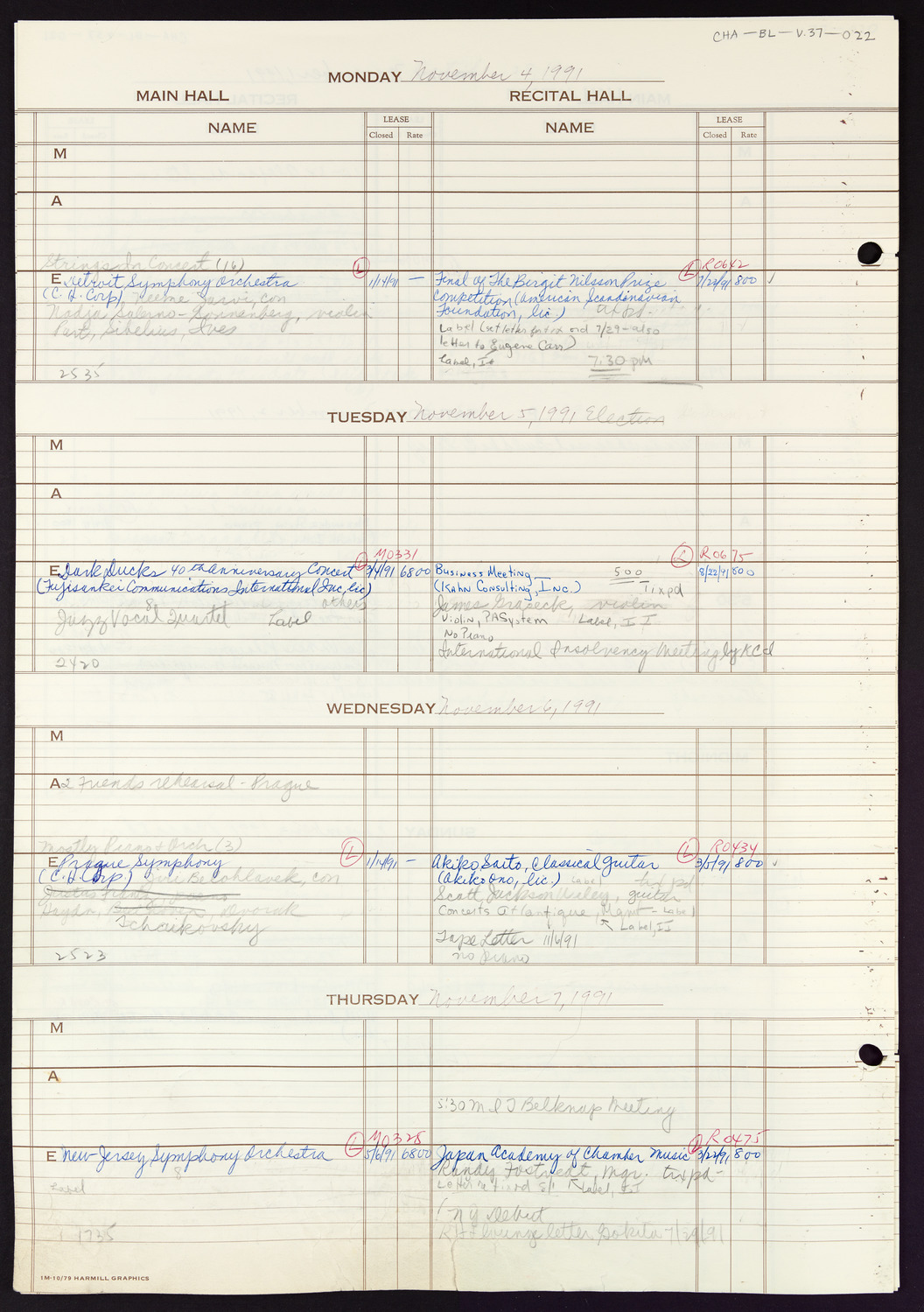 Carnegie Hall Booking Ledger, volume 37, page 22