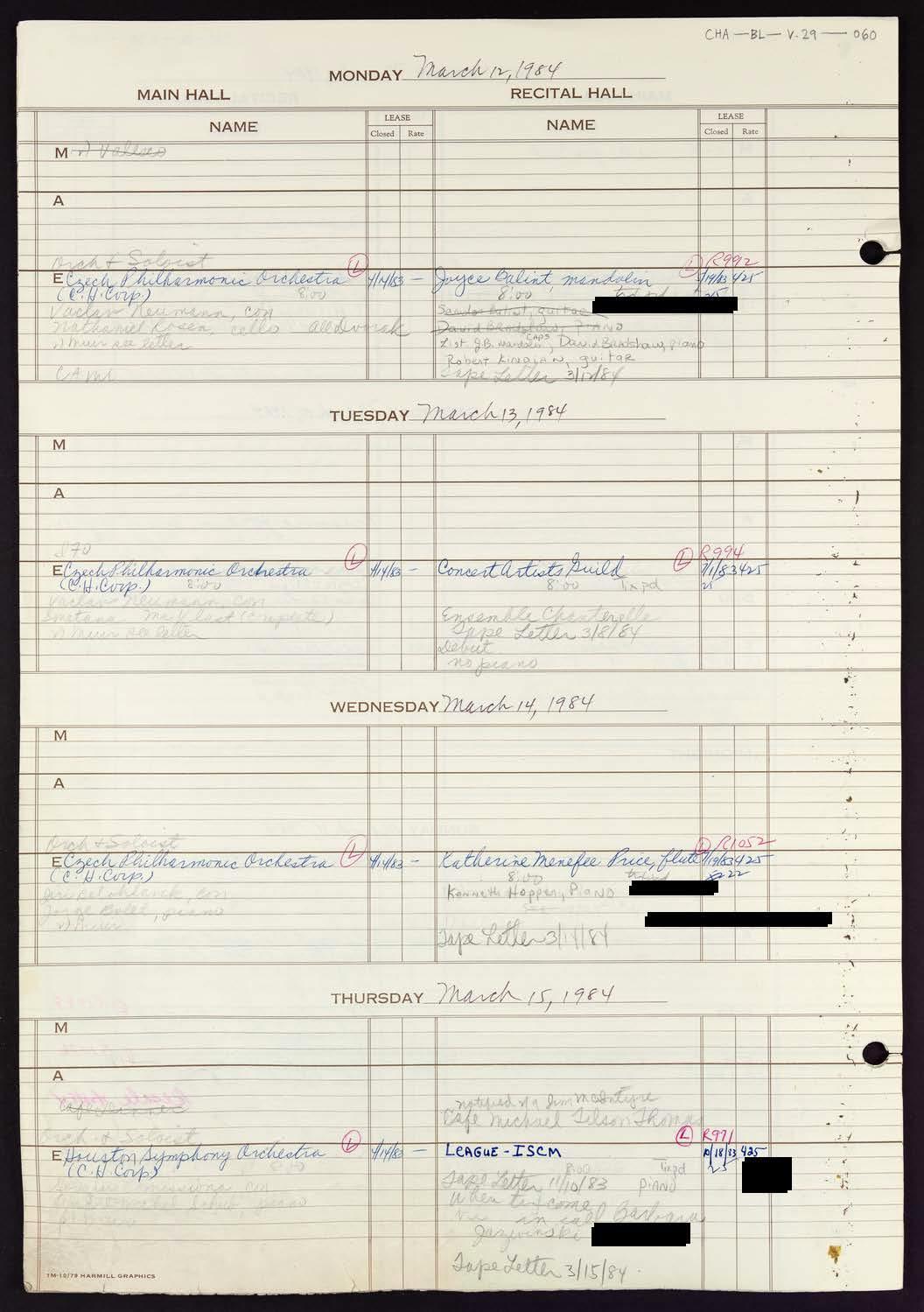 Carnegie Hall Booking Ledger, volume 29, page 60