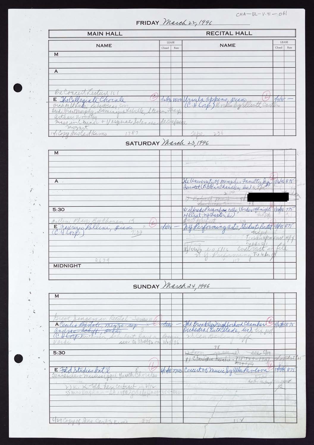 Carnegie Hall Booking Ledger, volume 41, page 61