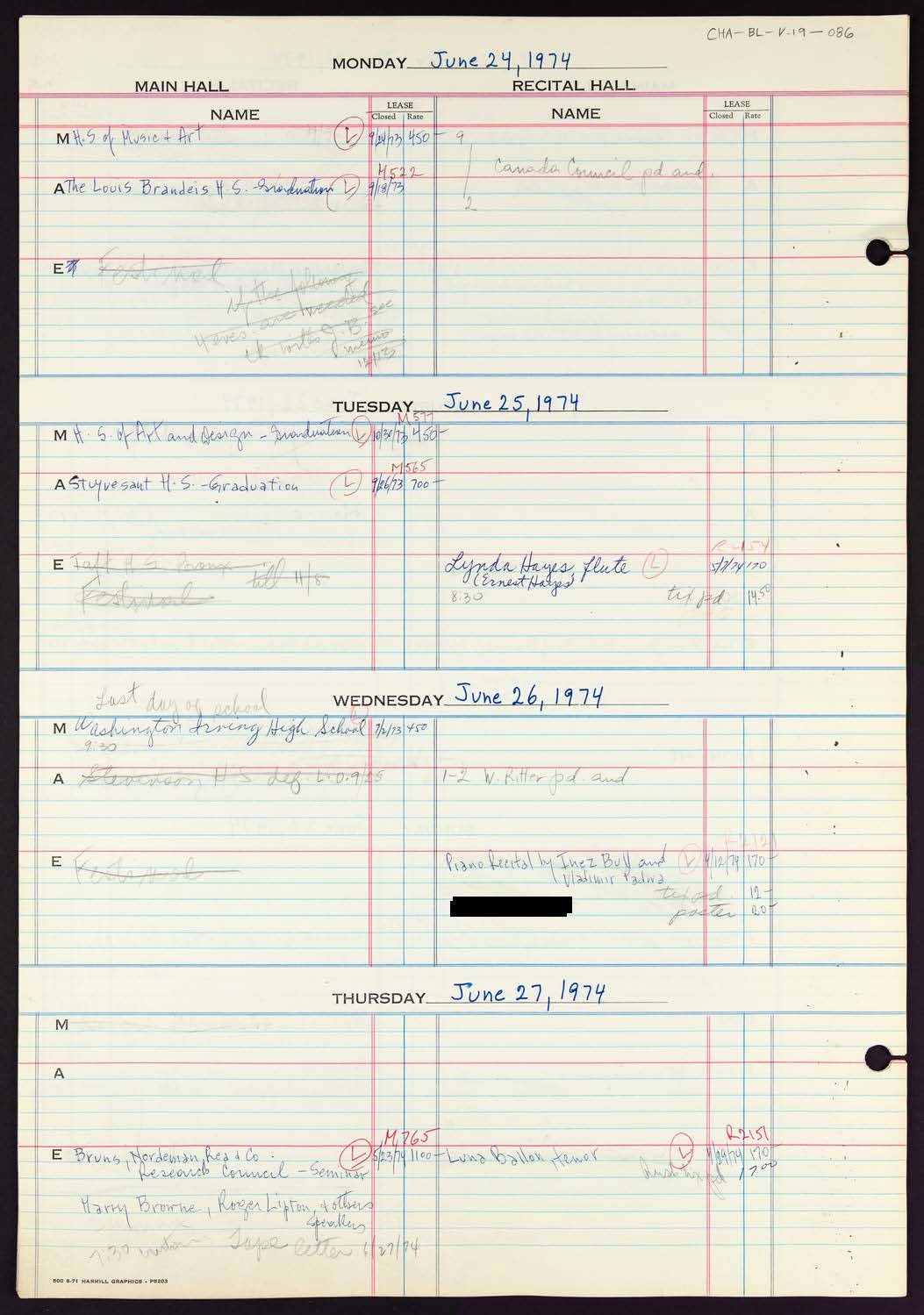 Carnegie Hall Booking Ledger, volume 19, page 86