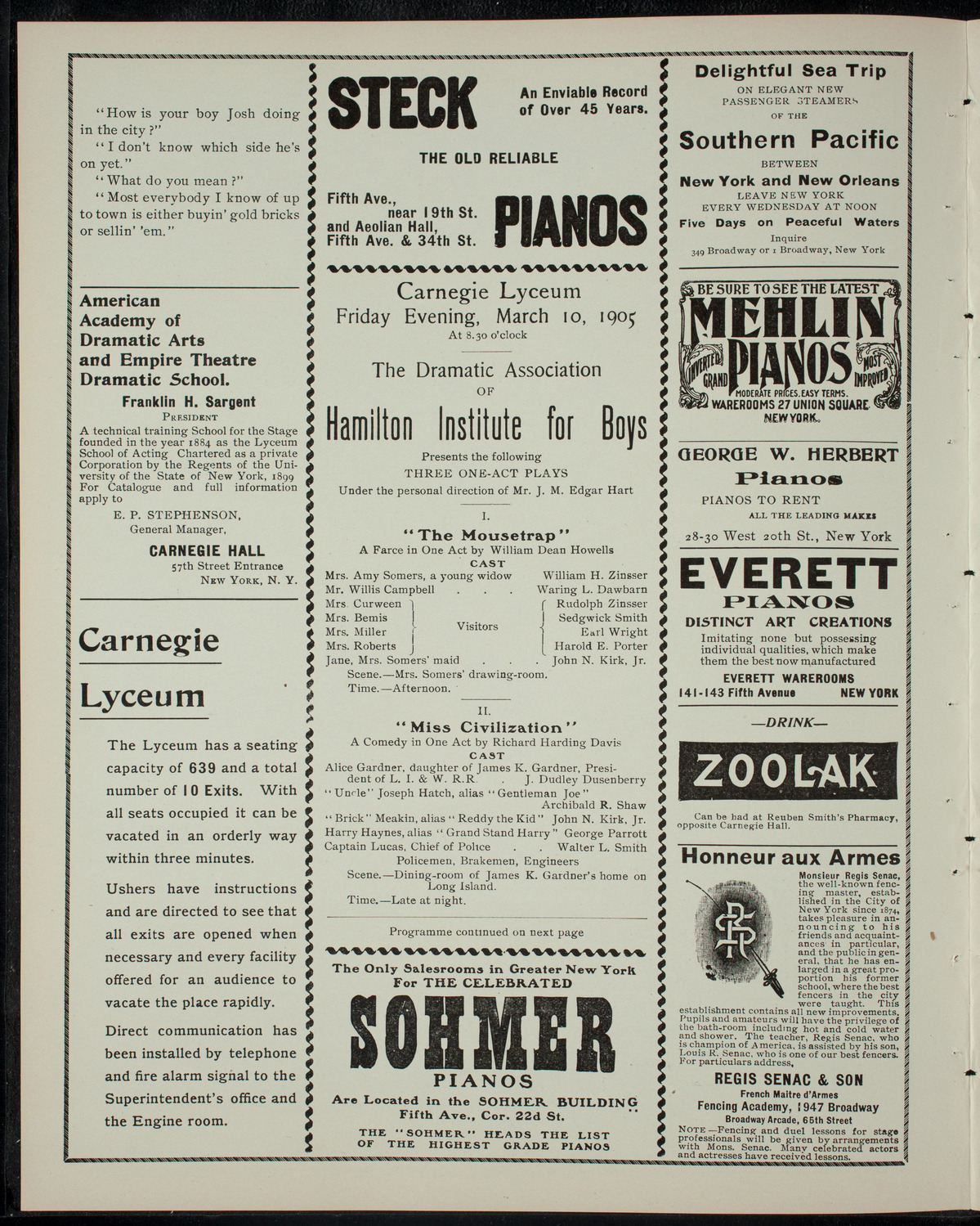 Hamilton Institute for Boys Dramatic Association, March 10, 1905, program page 2