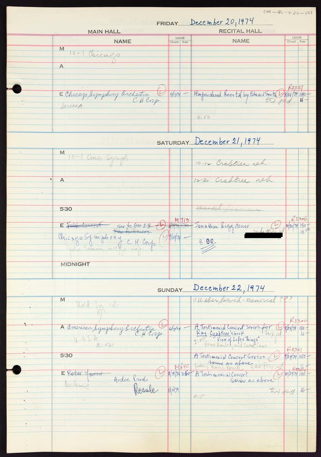 Carnegie Hall Booking Ledger, volume 20, page 33