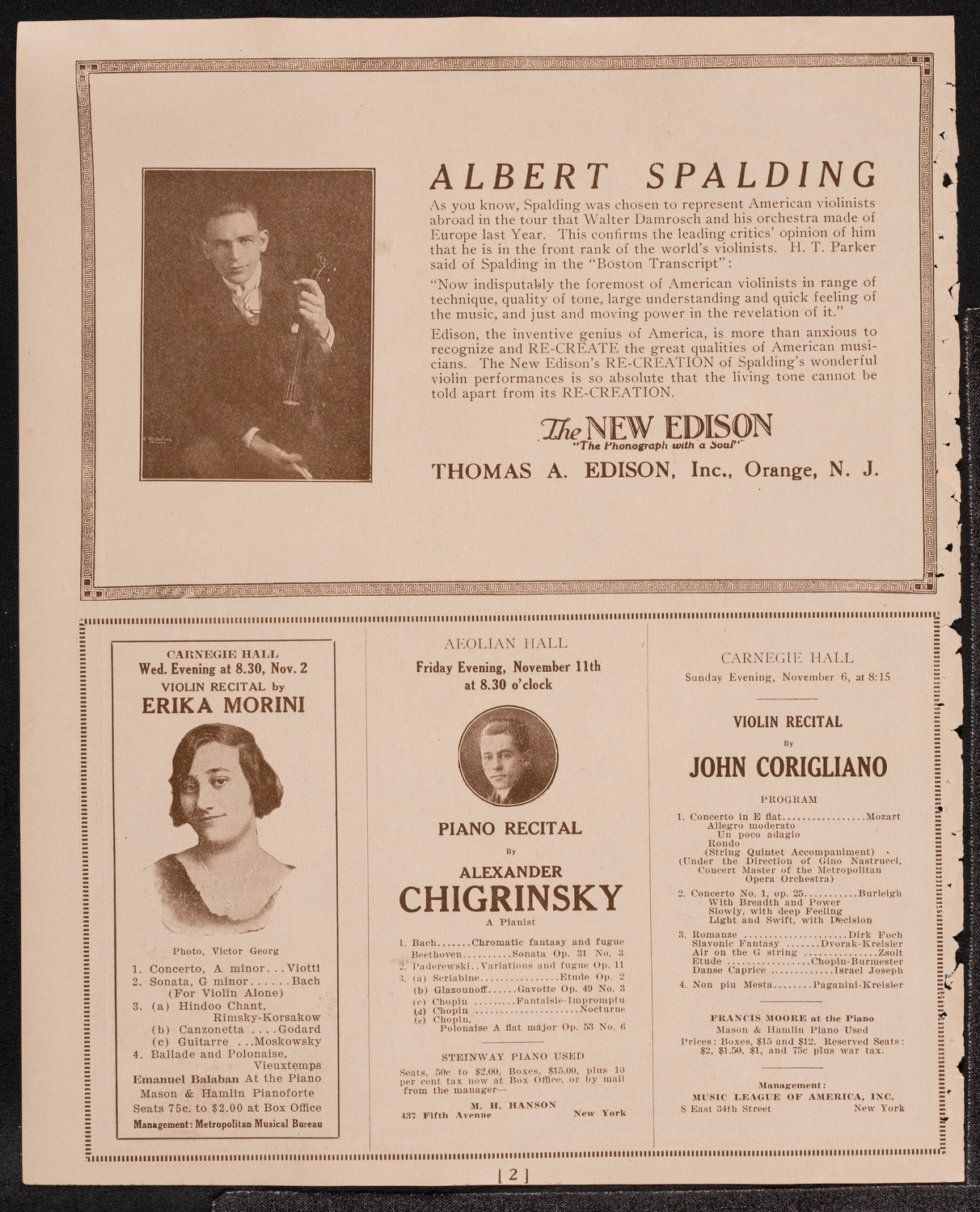 Franz von Vecsey, Violin, November 1, 1921, program page 2