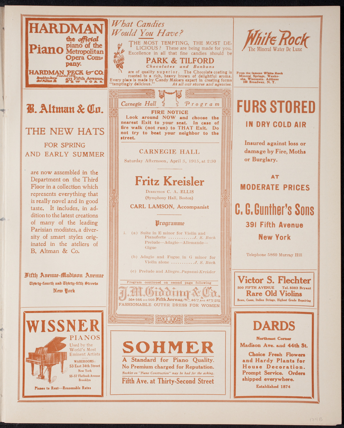 Fritz Kreisler, Violin, April 3, 1915, program page 5