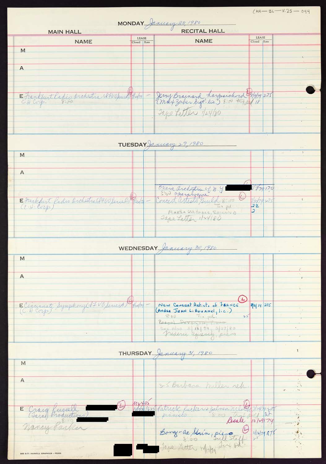 Carnegie Hall Booking Ledger, volume 25, page 44