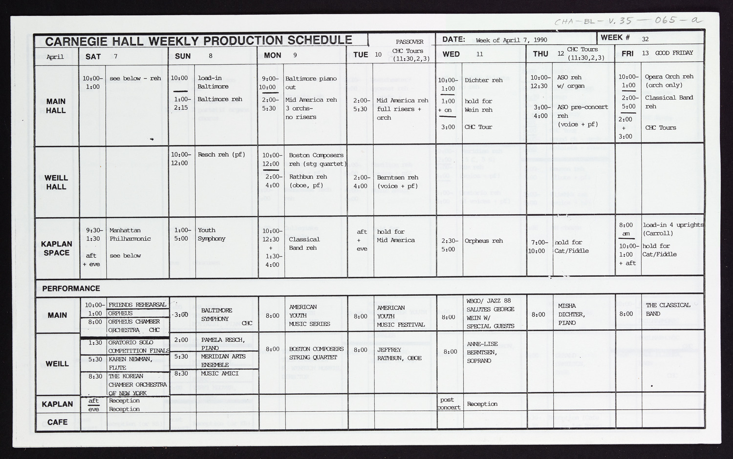 Carnegie Hall Booking Ledger, volume 35, page 65a