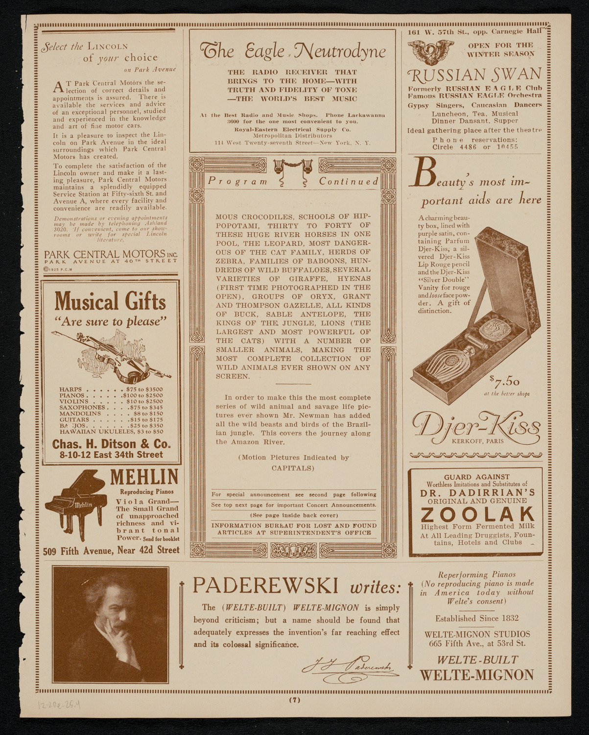 Newman Traveltalks: Wild Animal and Savage Life, December 20, 1925, program page 7